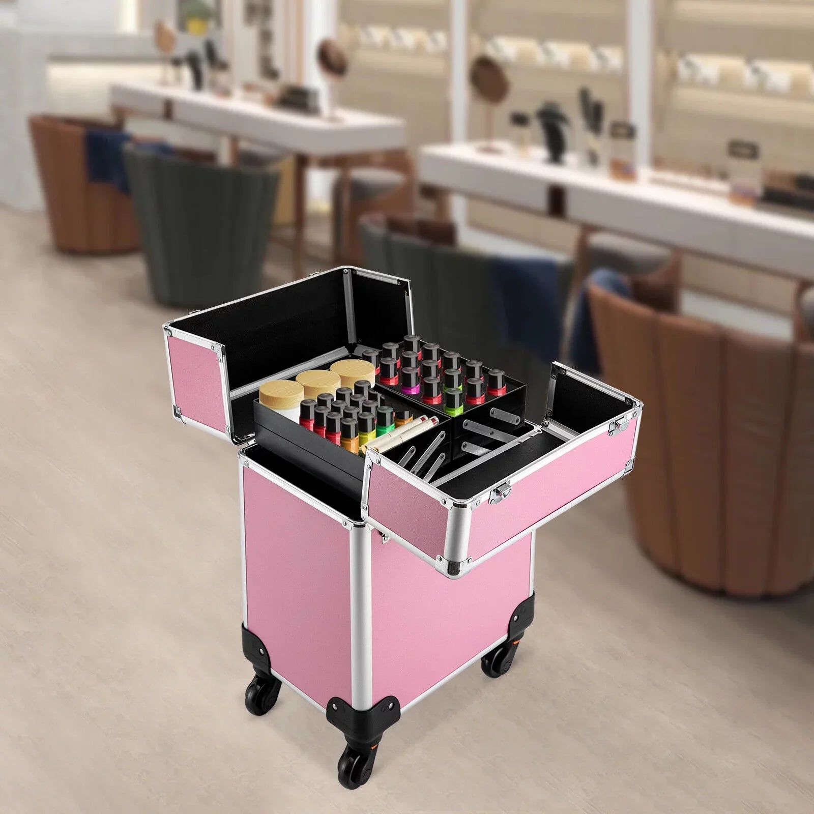 Miumaeov 4-Tier Professional Rolling Makeup Train Case Cosmetic Trolley Makeup Storage Organizer with Wheels