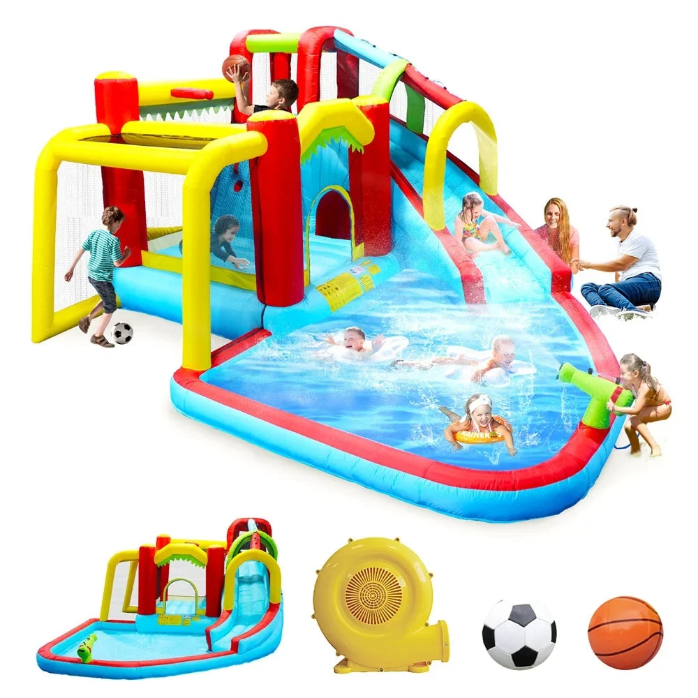 InfLatitudeable Water Slide,7 in 1 Bounce House with Slide,Climbing Wall, Splash Pool, Basketball Rim,Outdoor Backyard Fun Toys for Kid,Blower Included