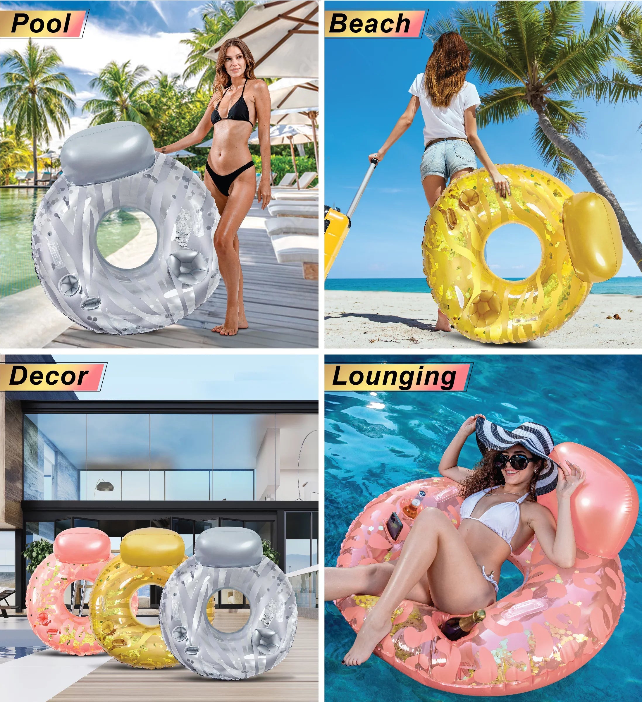 POZA InfLatitudeable Luxury Tubes with Back Rest - Rose Gold, Gold, Silver Sparkle Confetti Filled Luxurious Lounger, Thick Pool Float Tubes, Built in Phone and Cup Holder with Handles, 42 Inch, Pack of 3
