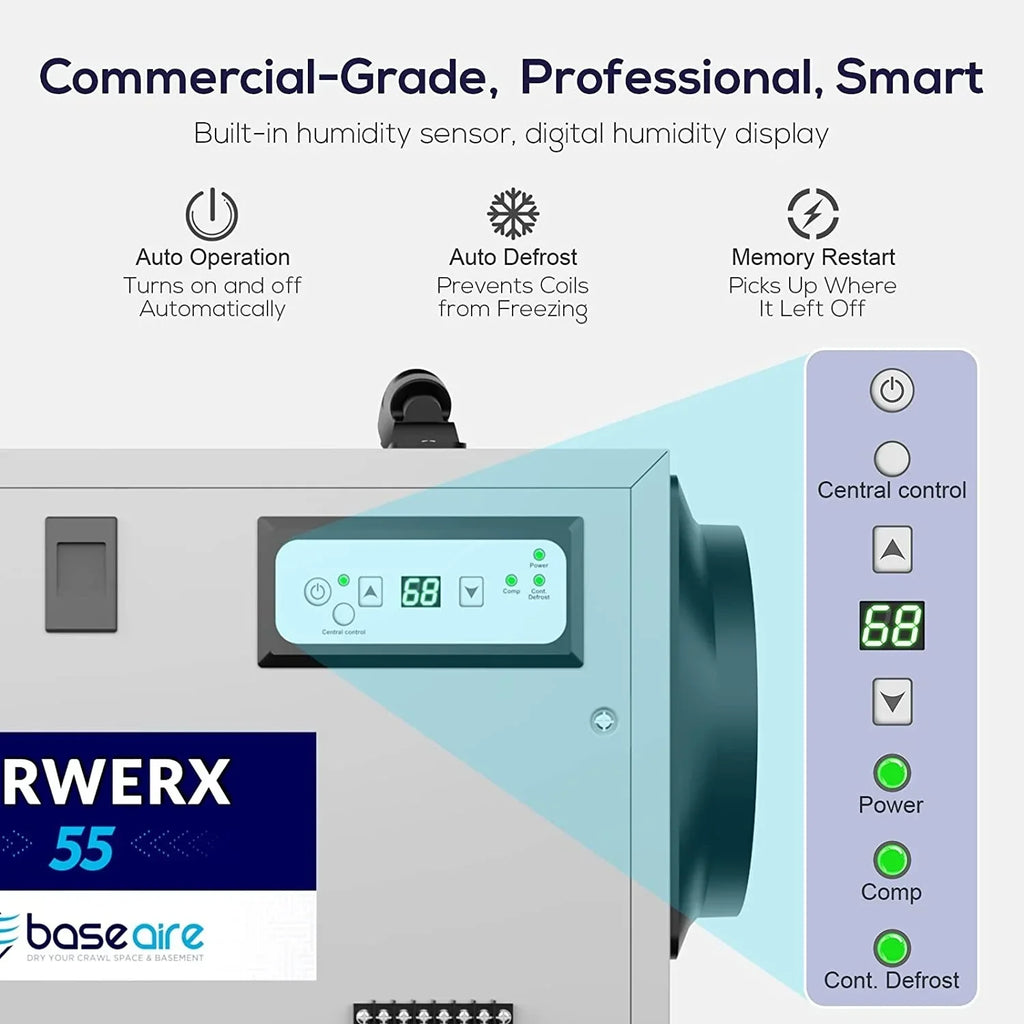 Refine Air Treatment BaseAire 113 Pint Commercial Dehumidifier with Drain Hose for Crawl Spaces, Basements, Auto Defrost, Memory Starting