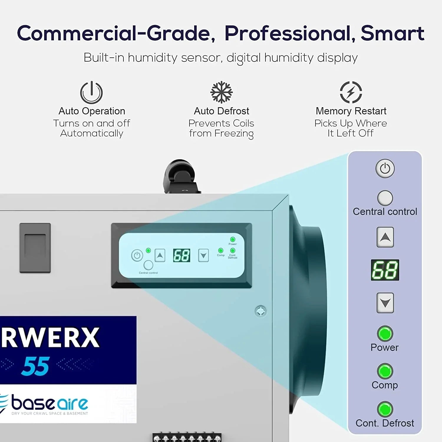 Refine Air Treatment BaseAire 113 Pint Commercial Dehumidifier with Drain Hose for Crawl Spaces, Basements, Auto Defrost, Memory Starting
