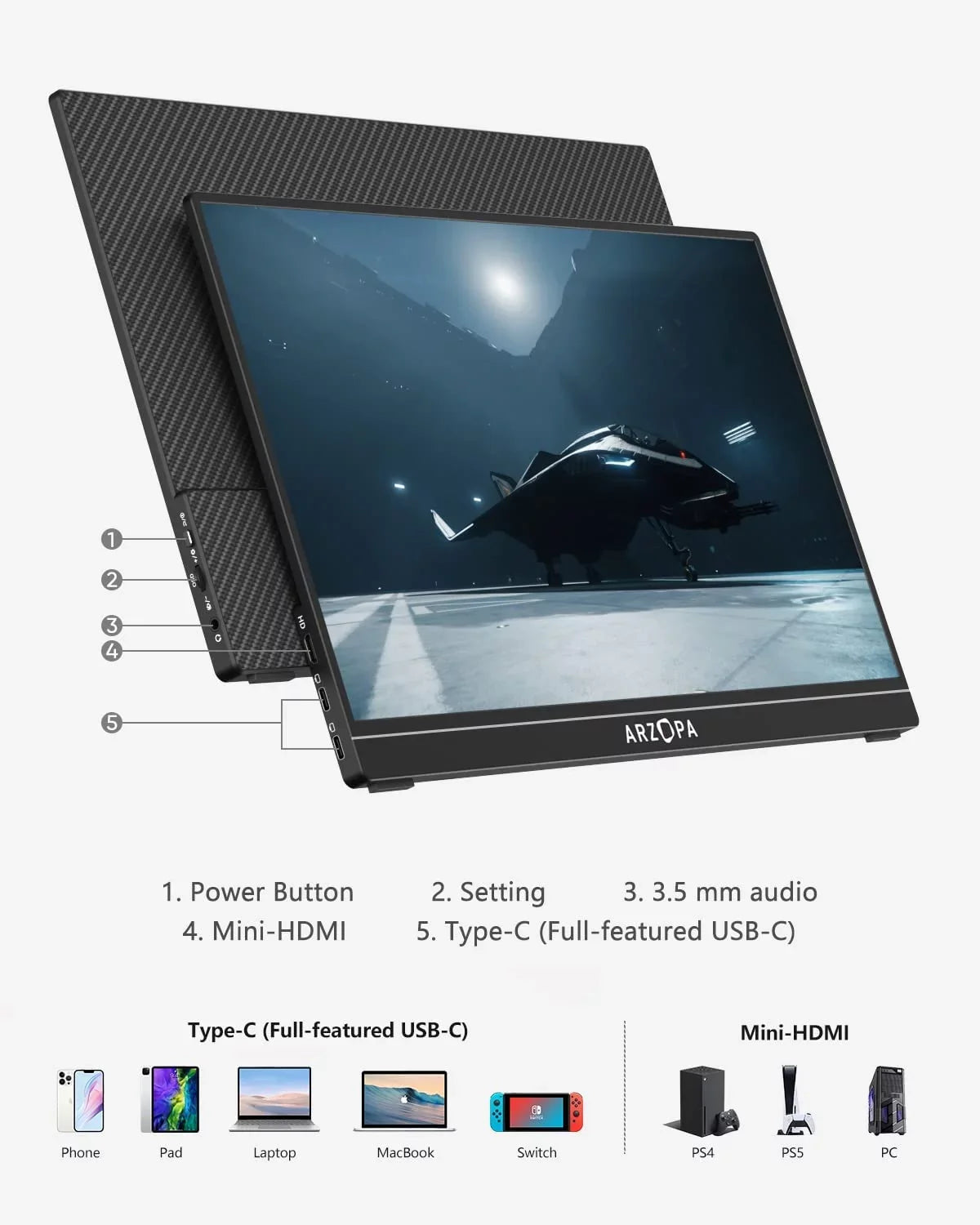 Arzopa 15.6'' 144Hz Portable Gaming Monitor, 1080P FHD USBC HDMI, External Second Screen for Laptop, PS5