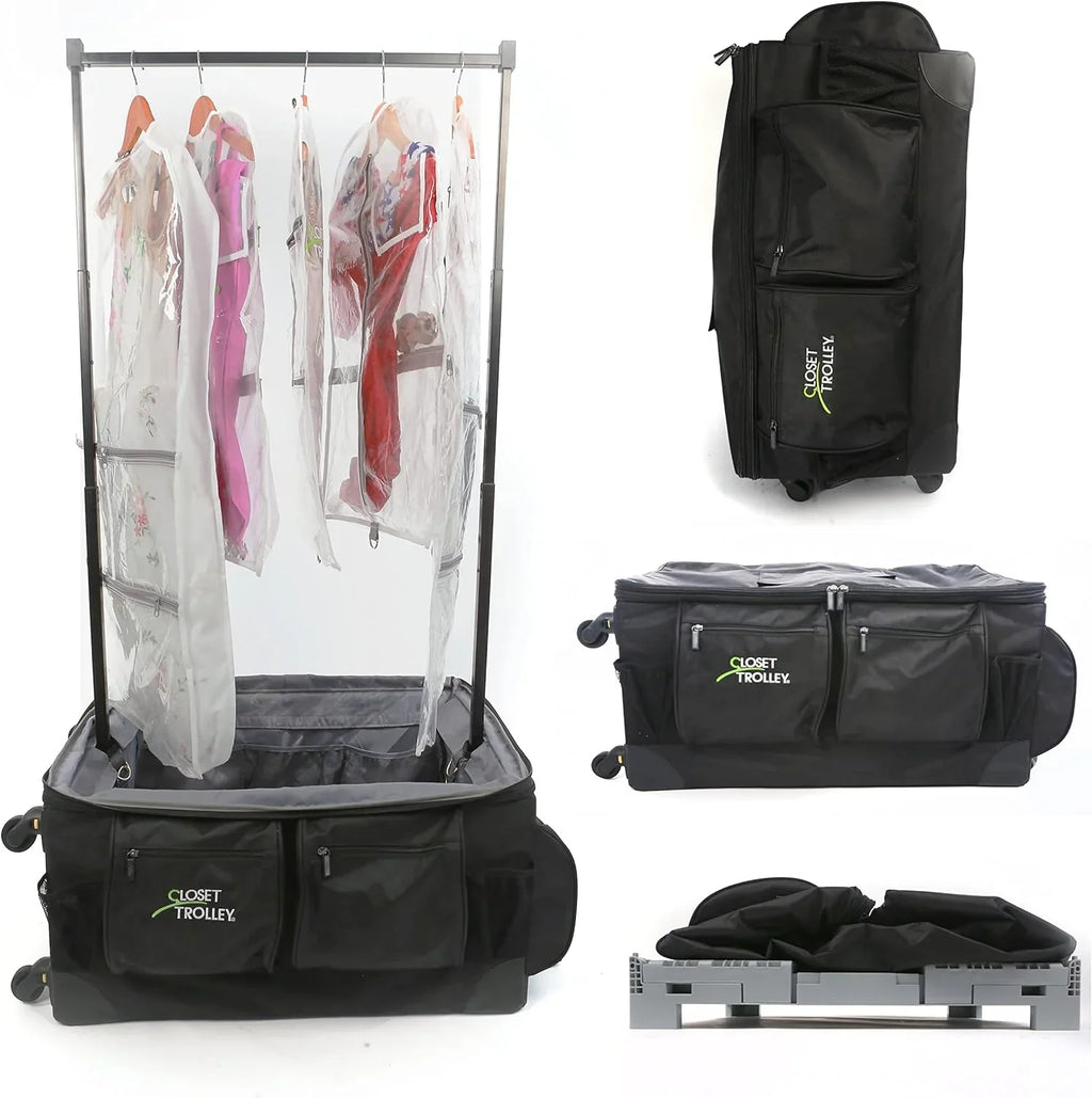 YFbiubiulife Collapsible Rolling Dance Bag w/No-Lean Garment Rack - BLACK