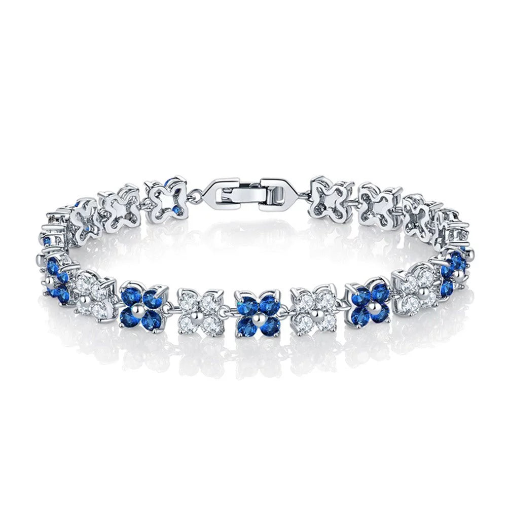 Flower Cubic Zirconia Tennis Bracelet for Women with Round Cut Sapphire and White Diamond Cubic Zirconia