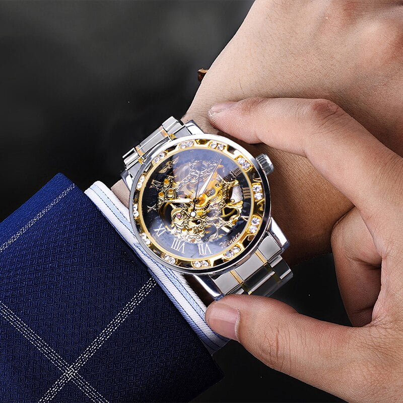 Men Mechanical Skeleton Wrist Watch 1pc Silver Exquisite Diamond Gear Movement Business Luxury Gift Gold White
