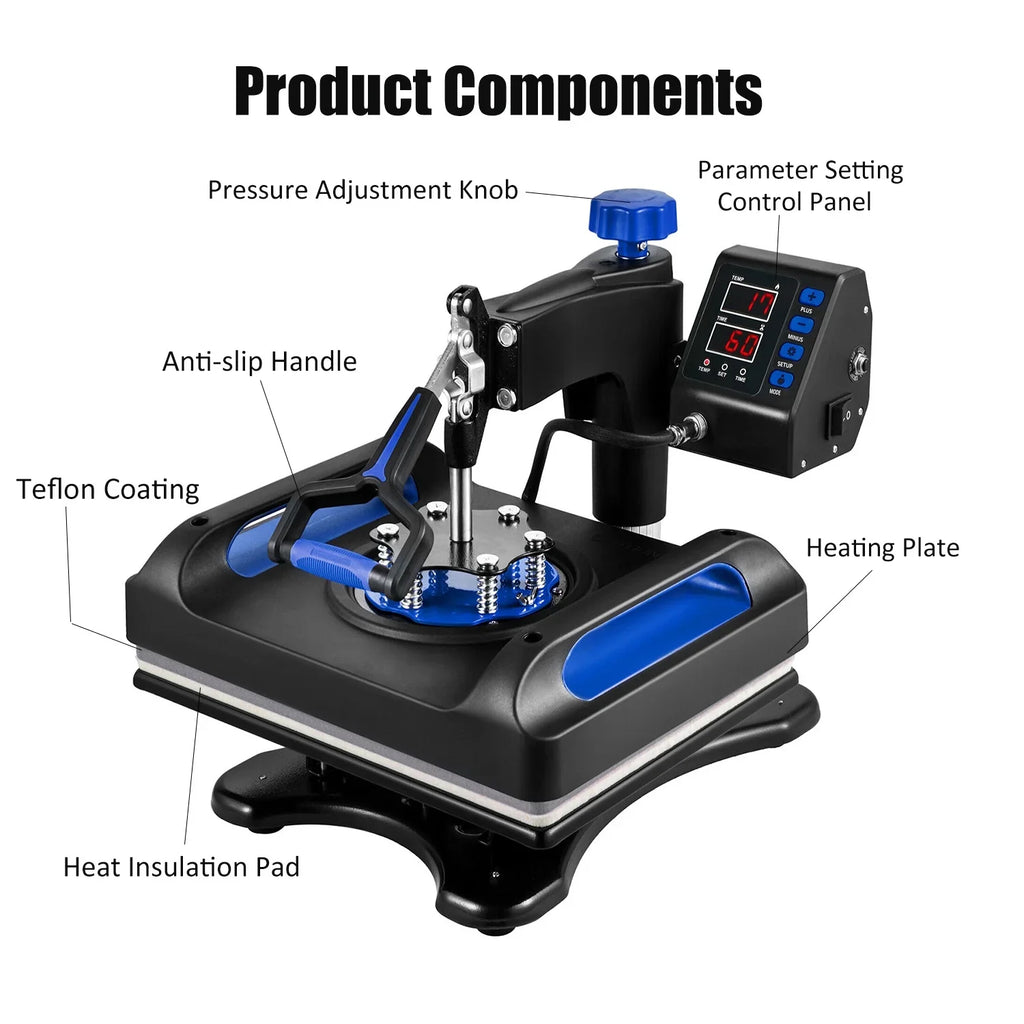 Blue Heat Press Machine 8 in 1, 12 x 15 Inches Sublimation Transfer Printer, Digital Precise LCD Control Printing, 360 Swing Away Vinyl Transfer Printer for T-Shirts, Canvas Bag, Pillow, Banner