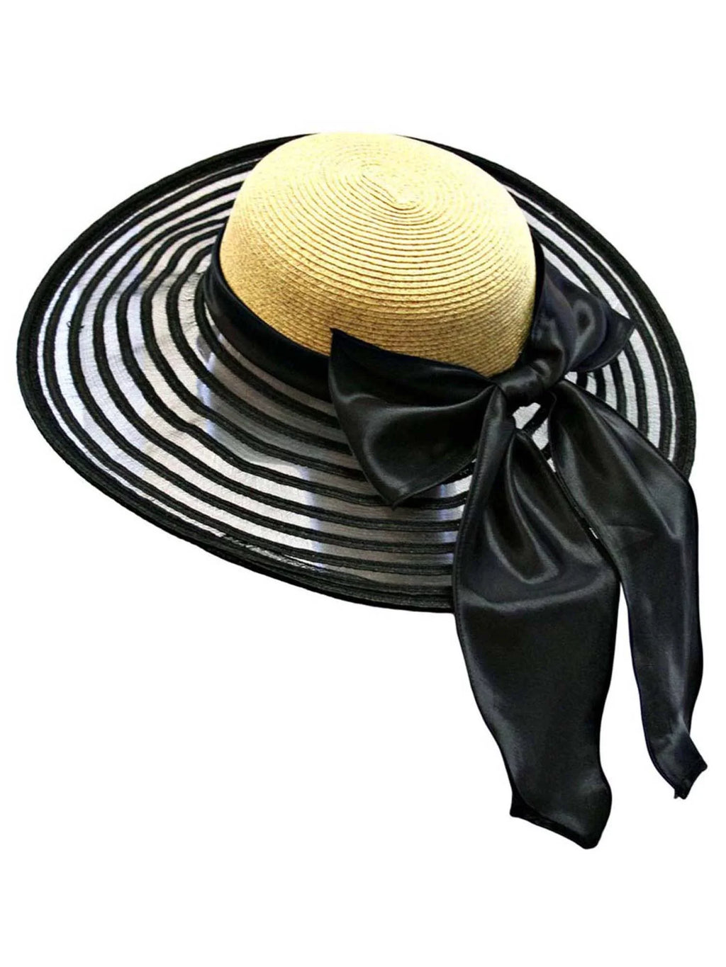 Wheat & Black Wide Brim Floppy Hat Large With Satin Bow
