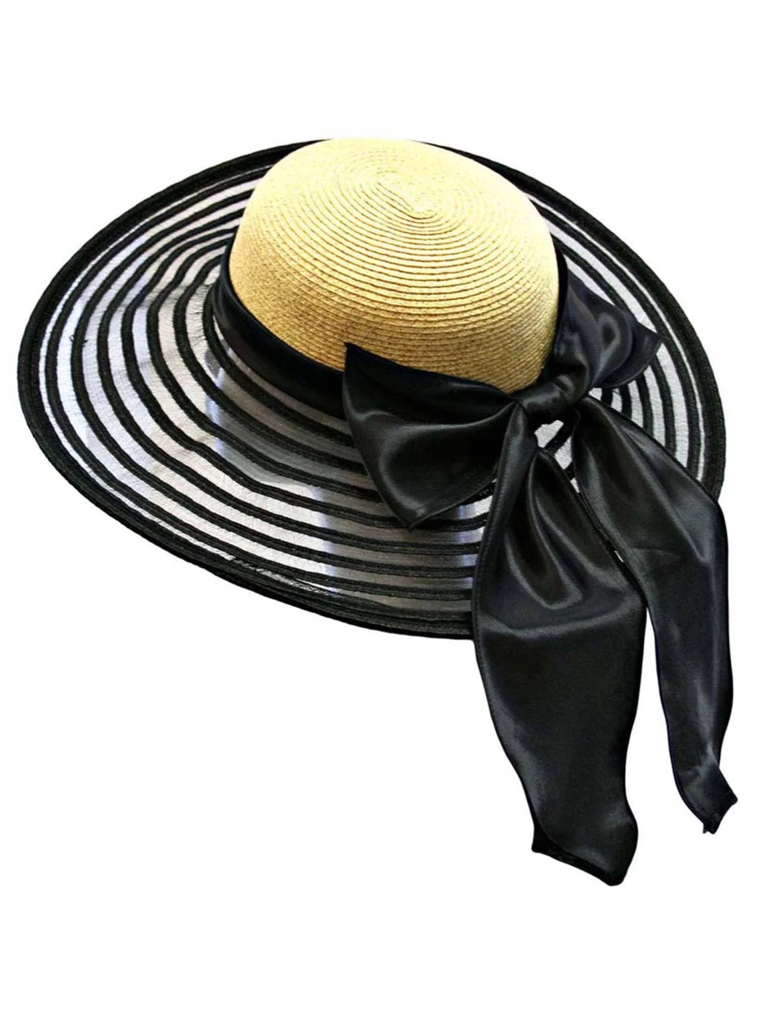 Wheat & Black Wide Brim Floppy Hat Large With Satin Bow