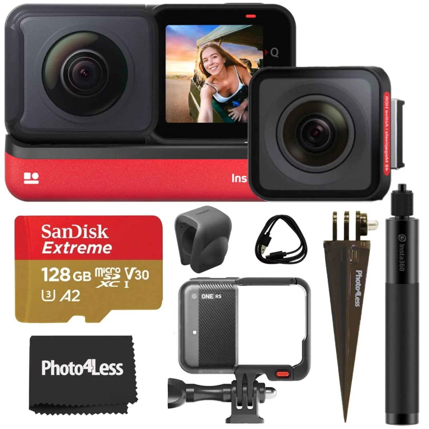 Insta360 ONE RS Twin Edition Action Camera + 70cm Selfie Stick + 128GB SD Card + Spike Mount + Cloth