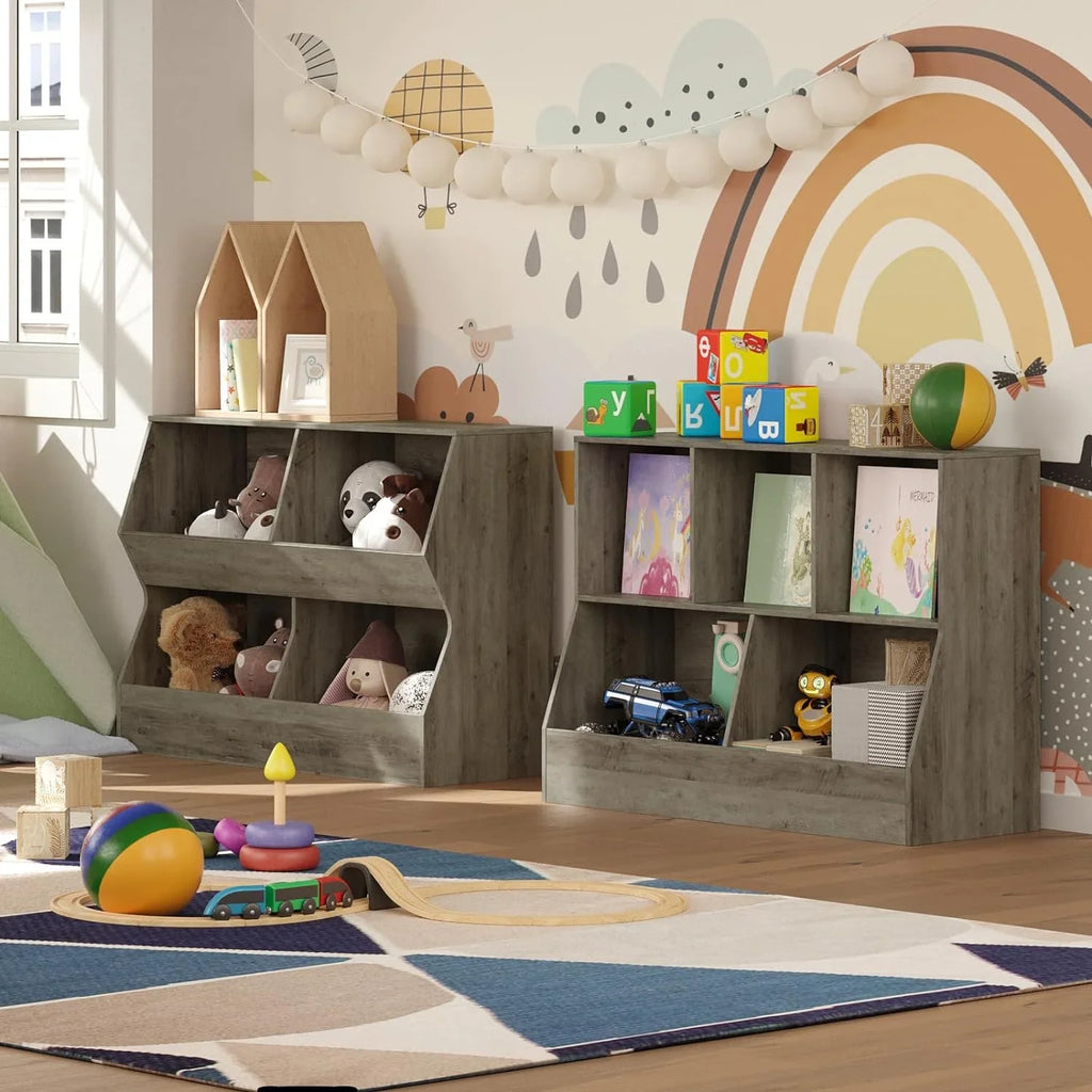 JIAH Kids , Toy Storage Organizer, Wooden Toy Storage Cabinet, 4 Cubby Children Bookcase, Toddler Book Toy Shelf for Bedroom, Nursery, Hallway, School, 39.4" Long, Gray Wash