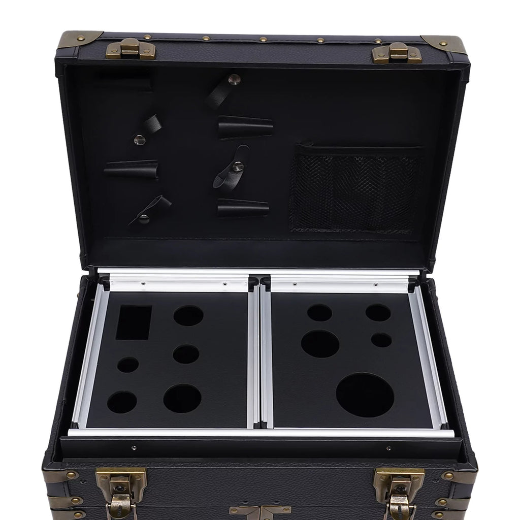 Miumaeov Rolling Lockable Makeup Train Case, Hairdressing Trolley Stylist Beauty Salon Cosmetic Luggage, Travel Organizer Tool Box with Hair Dryer Holder