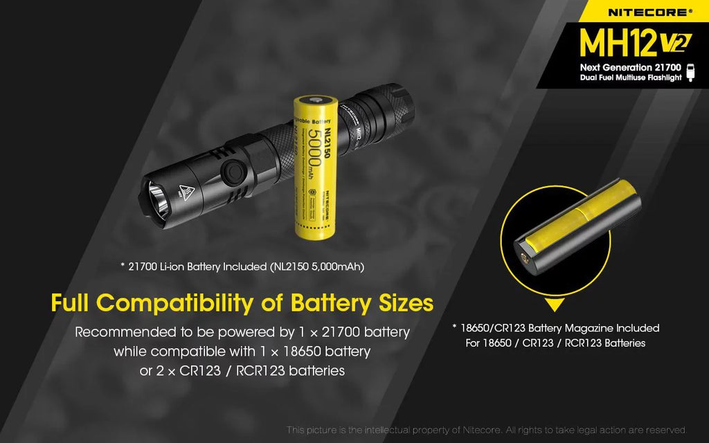 Combo: Nitecore MH12 V2 CREE XP-L2 V6 LED Flashlight -1200 Lumens -21700 Battery (Included) + NL2140 21700 4000mAh Battery