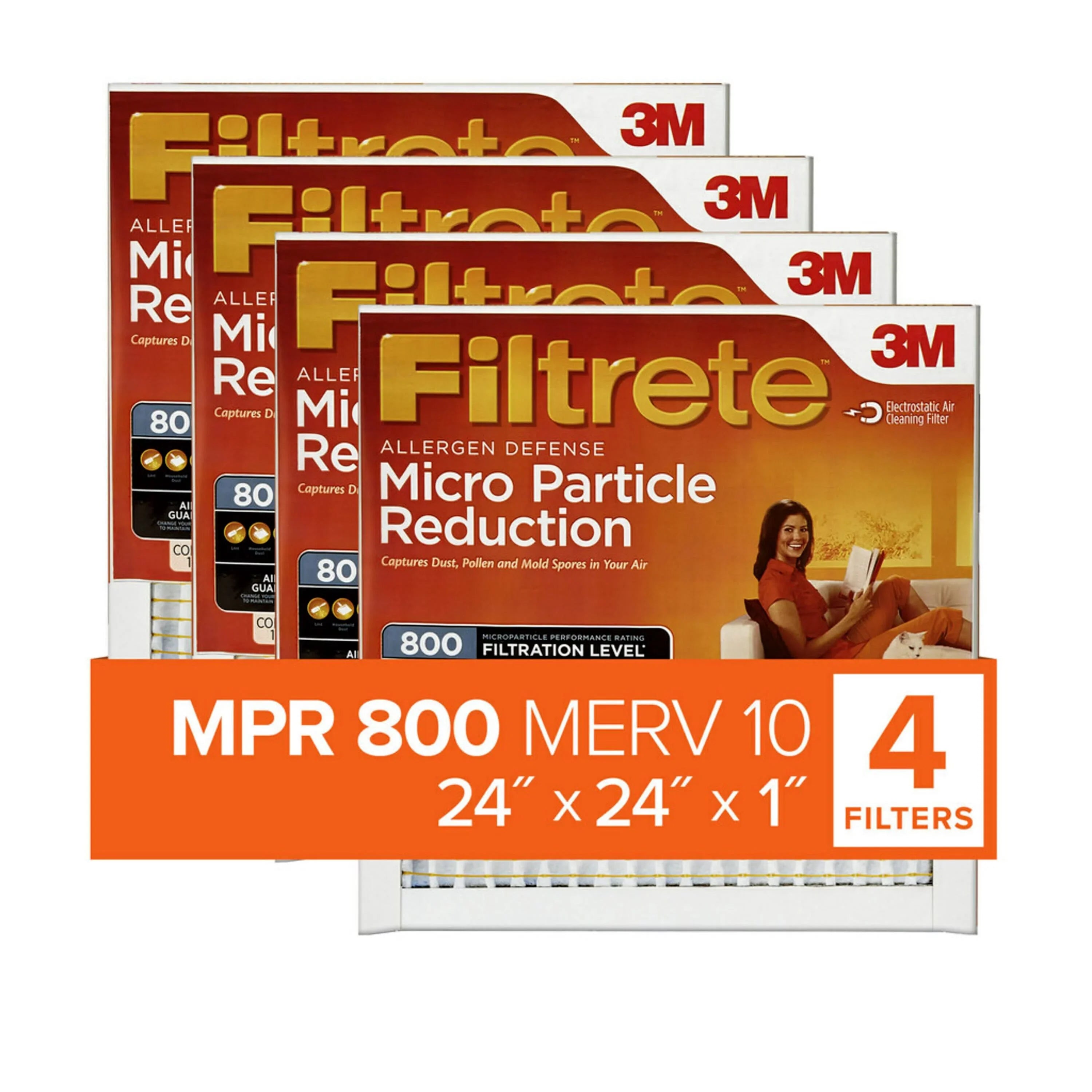 Filtrete 24x24x1 Air Filter, MPR 800 MERV 10, Micro Particle Reduction, 4 Filters