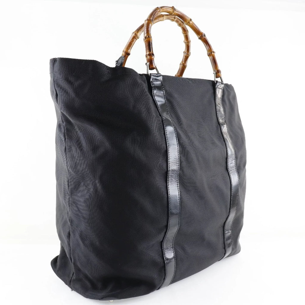Pre-Owned GUCCI Gucci Bamboo Bag 002-2058-0412-5 Nylon Canvas x Leather Black Unisex Tote (Fair)