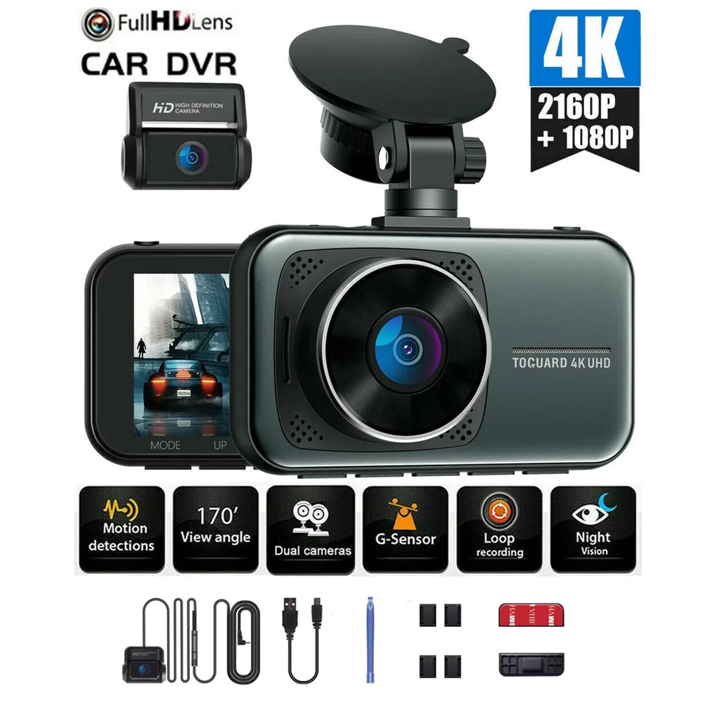 Dual Dash Cam Front and Rear 4K+1080P Dash Cam for Cars, 3" Car Dash Camera with Parking Monitor, Support 256GB