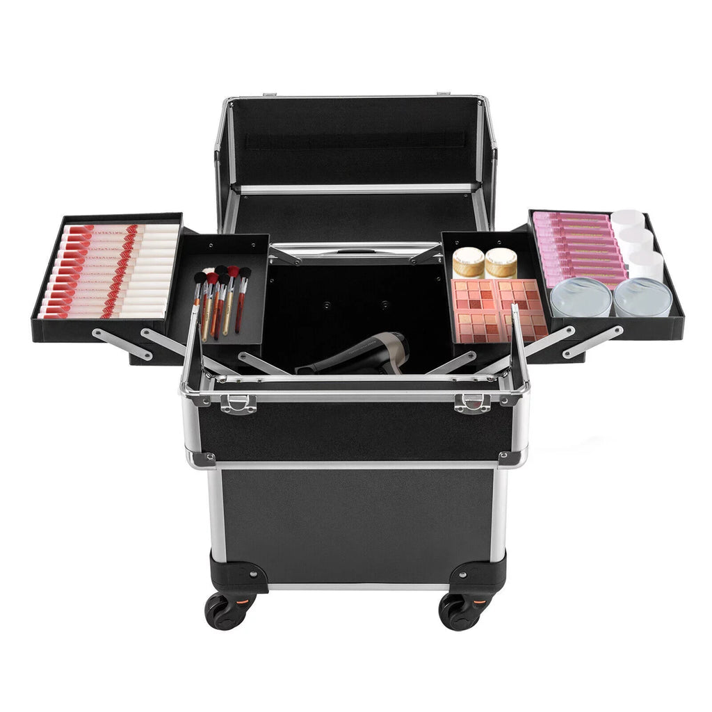 Rolling Lockable Makeup Train Case Hairdresser Trolley, Stylist Beauty Nail Salon Barber Case Cosmetic Luggage Travel Trunk Cart Organizer Tool Box with Swivel Wheels (Black)