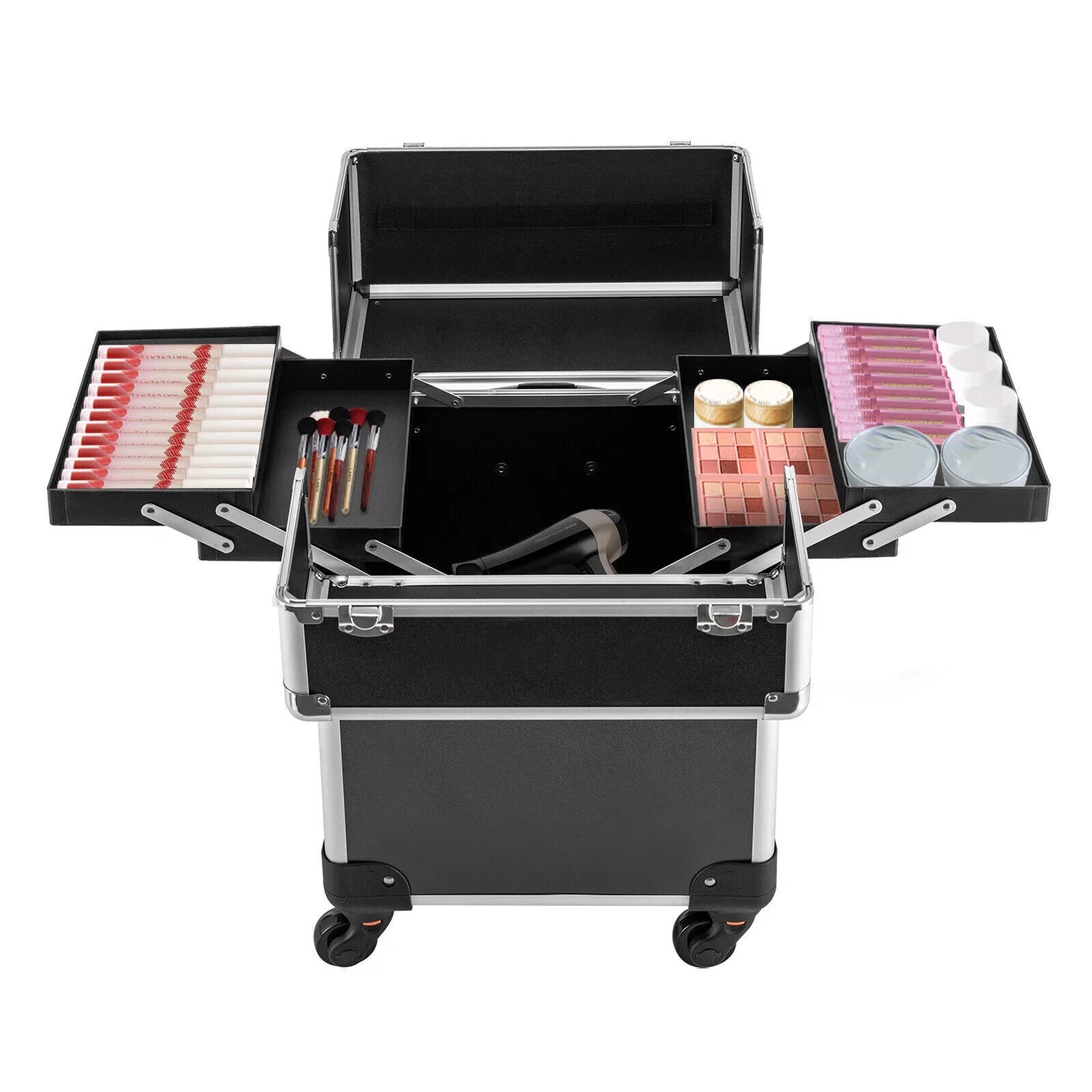 Rolling Lockable Makeup Train Case Hairdresser Trolley, Stylist Beauty Nail Salon Barber Case Cosmetic Luggage Travel Trunk Cart Organizer Tool Box with Swivel Wheels (Black)