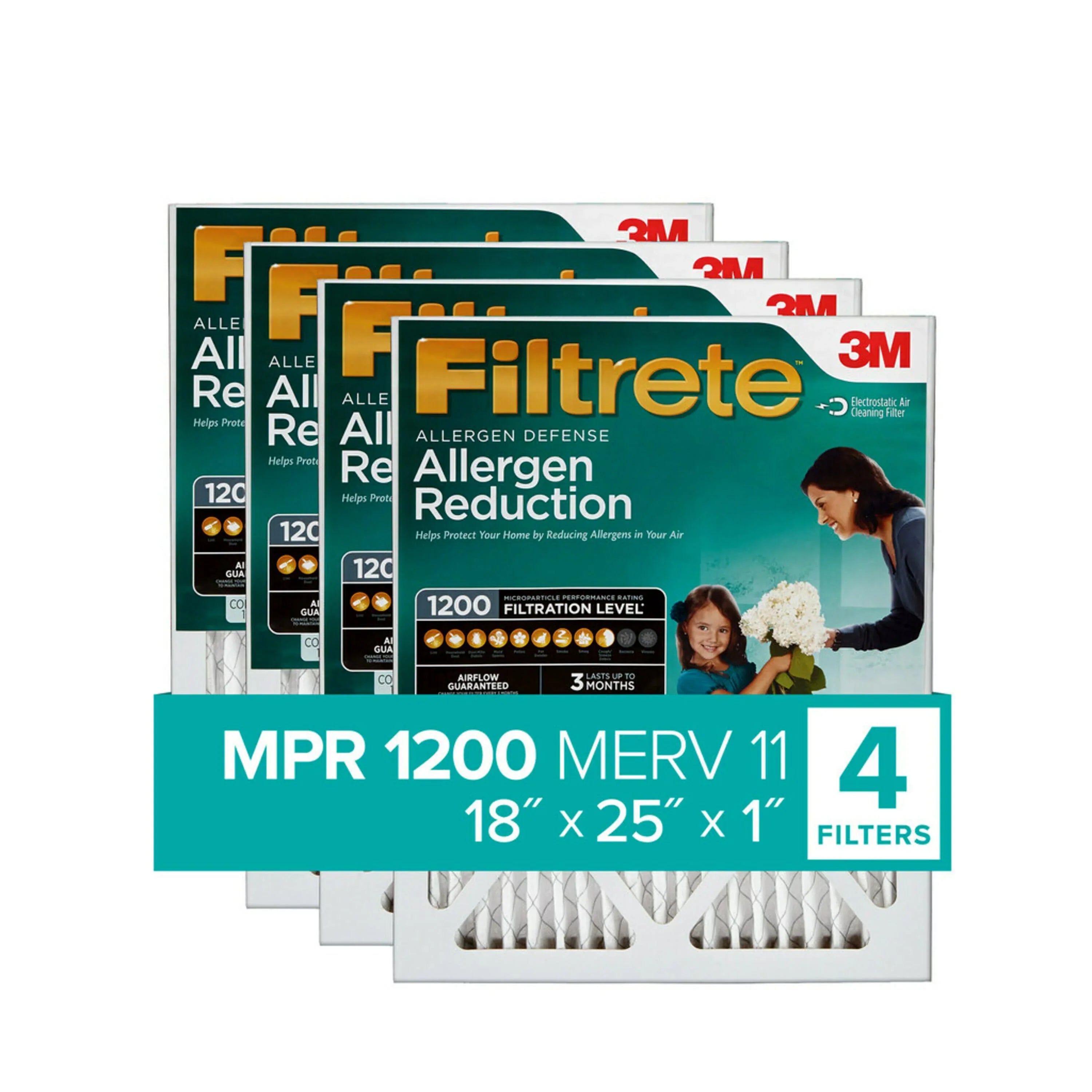 Filtrete by 3M 18x25x1, MERV 11, Allergen Reduction HVAC Furnace Air Filter, 1200 MPR, 4 Filters