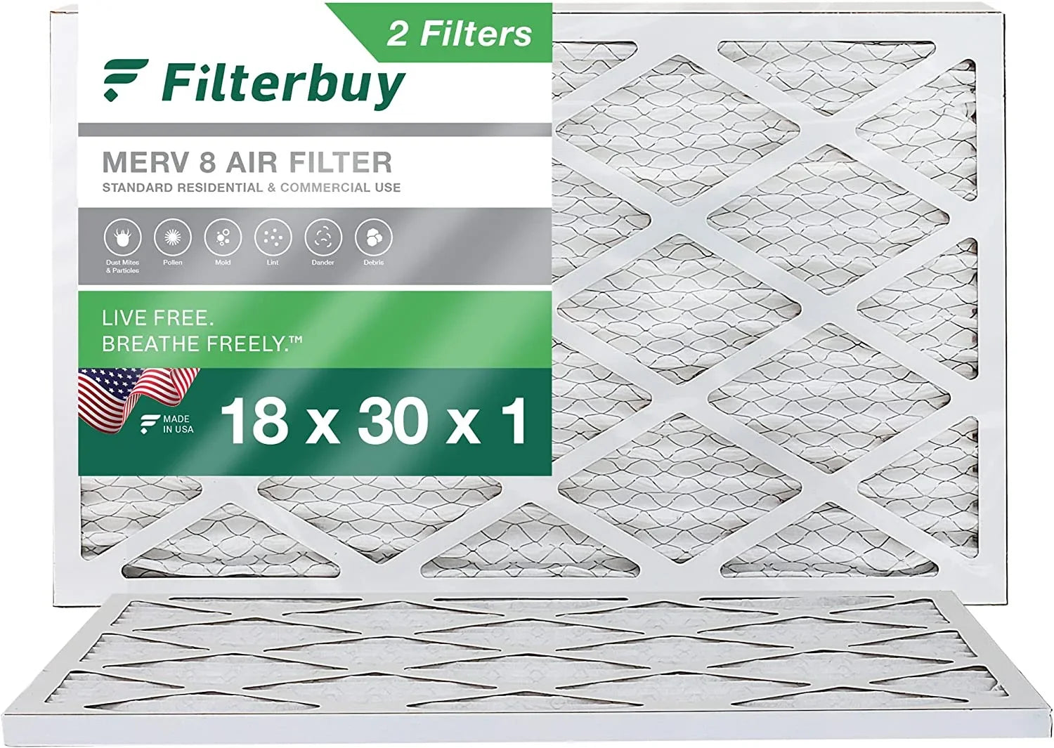 Filterbuy 18x30x1 MERV 8 Pleated HVAC AC Furnace Air Filters (2-Pack)