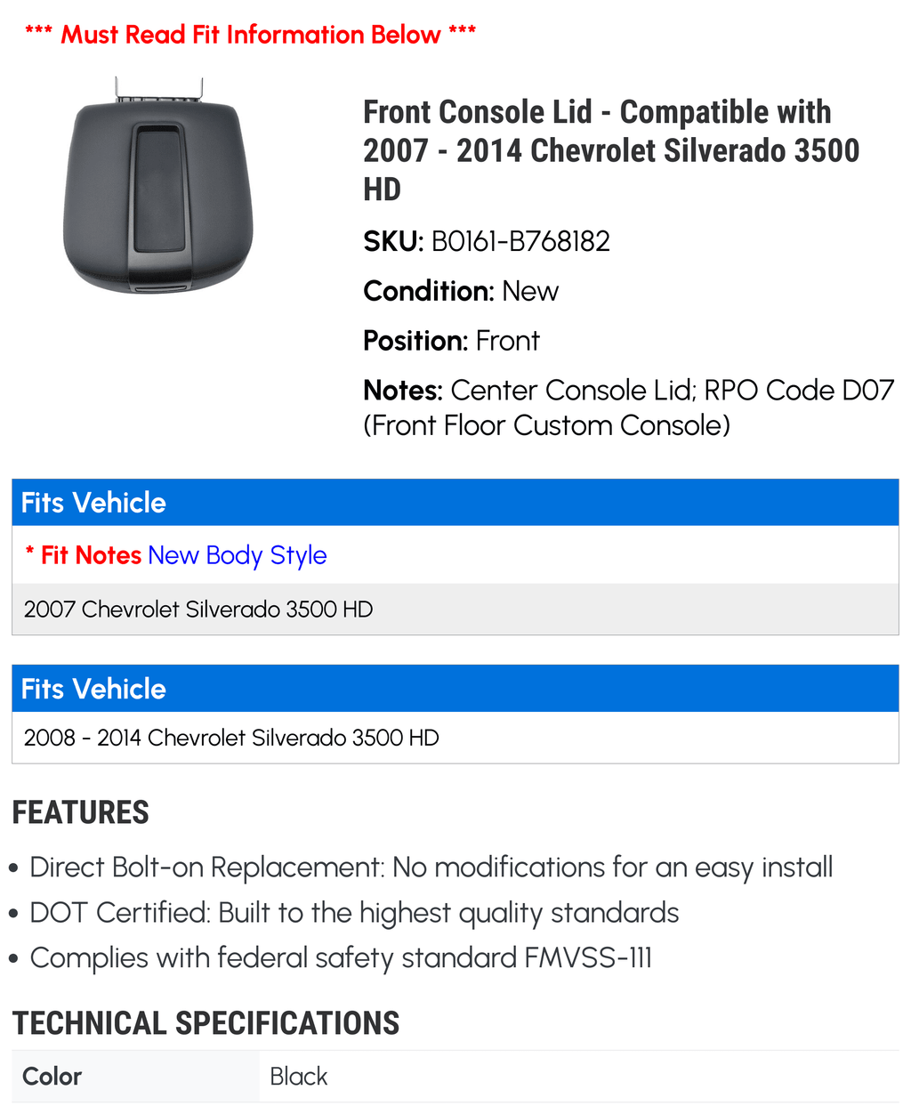 Front Console Lid - Compatible with 2007 - 2014 Chevy Silverado 3500 HD 2008 2009 2010 2011 2012 2013