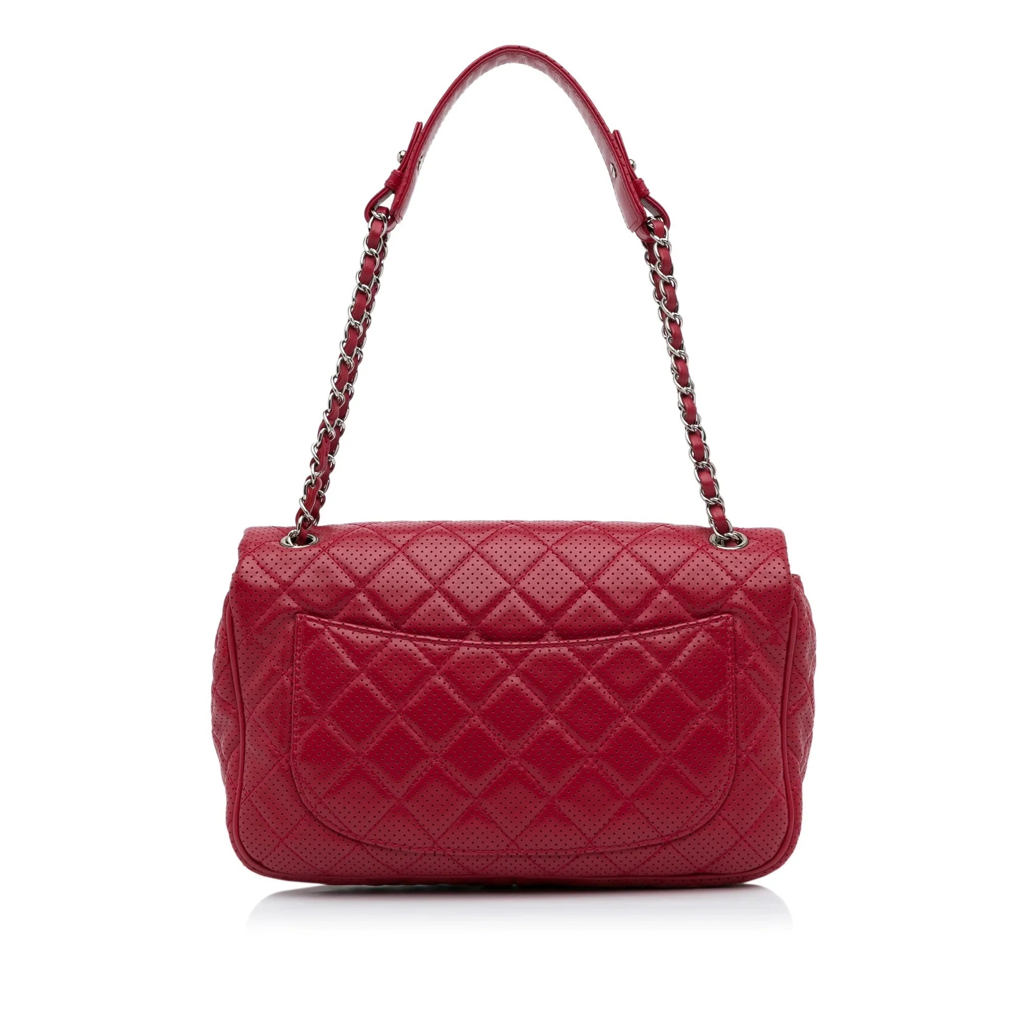 Pre-Owned Authenticated Chanel Jumbo Classic Perforated Lambskin Single Flap Leather Red Shoulder Bag Unisex (Good)