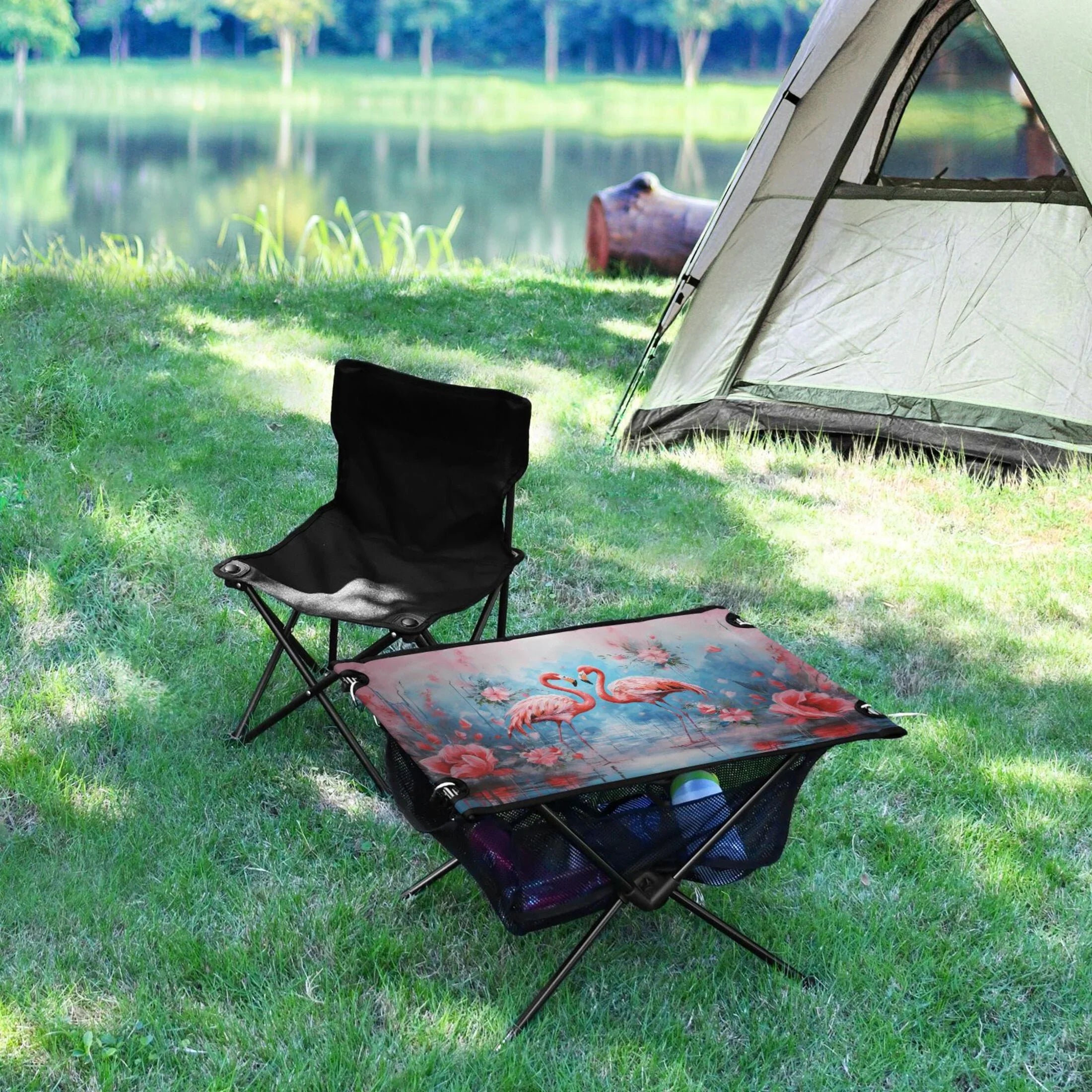 Flamingos and Flowers Camping Foldable Portable Table Beach Table with Storage Bag Compact Picnic Table for Outdoor Hiking Fishing BBQ