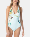Vince Camuto Womens Garden Paradise Printed Halter One Piece Swimsuit