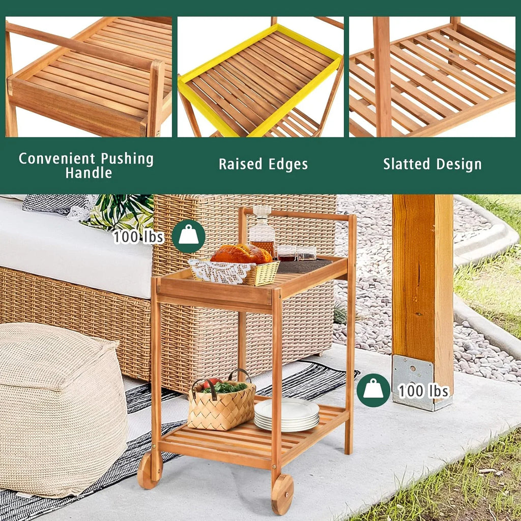 Patio Side Table on Wheels, Acacia Wood Outdoor Buffet Cart, Rolling Kitchen Island Serving Cart with Legs & Handle, 2-Tier Utility Cart for Home Kitchen Bar Garden Poolside