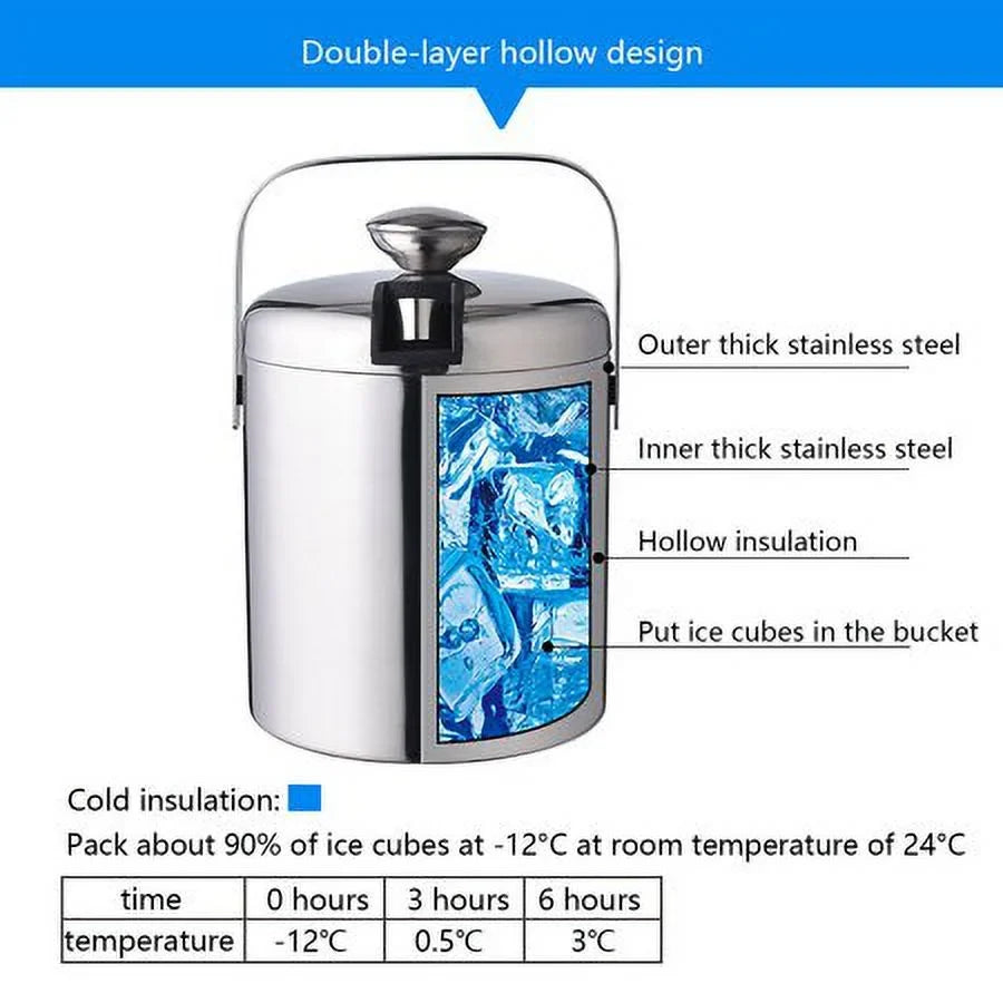 Double-Wall Stainless-Steel InsuLatitudeed Ice Bucket With Lid & Ice Tong 1300 ML