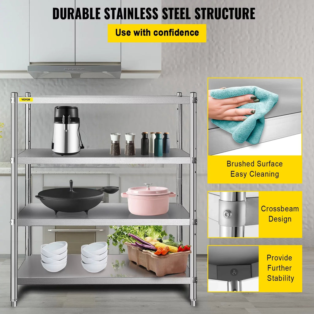 VEVORbrand 4-Tier Shelf Stainless Steel Shelving 330LB Capacity per Shelf Commercial Standing Shelf Unit  for Kitchen, Office, Garage Storage