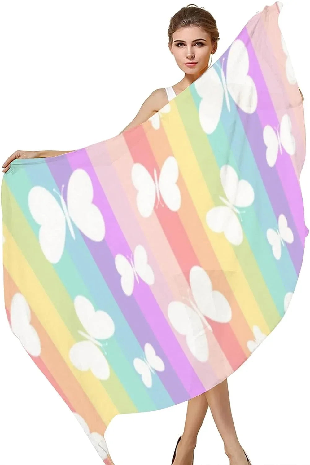 Hyjoy Butterflies On Rainbow Stripes Long Silk Neck Scarf Lightweight Shawl Wrap Scarves for Women Girls