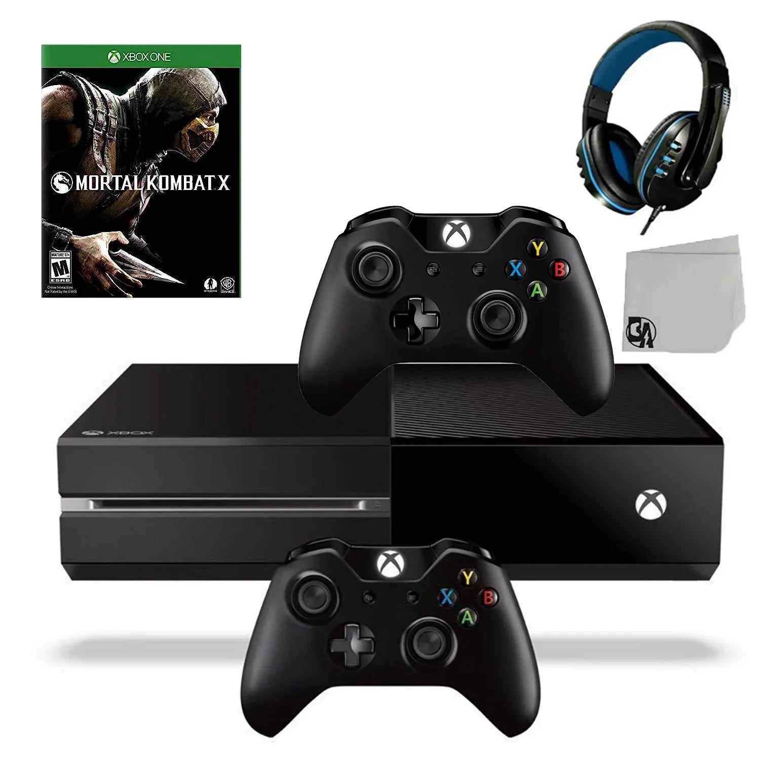 Pre-Owned  Xbox One Original 500GB Gaming Console Black Headset 2 Controller Included With Mortal Kombat X Game BOLT AXTION Bundle (Refurbished: Like New)