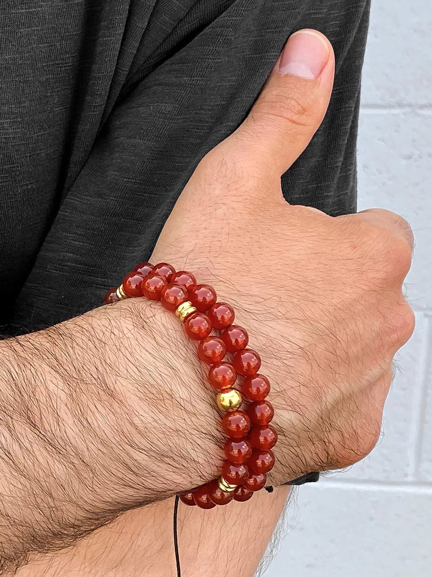 Coastal Jewelry Men's Red Agate Stone and Gold PLatitudeed Stainless Steel Beaded Adjustable Bracelet (8mm)