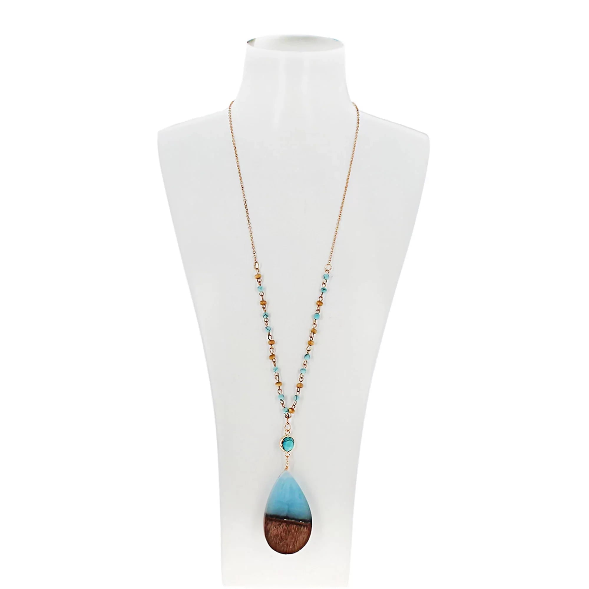 Blue Box Boutique Inc Aqua Resin Wood Pendant Beaded Chain Necklace for Women, Tenes | Wood Anniversary Gift