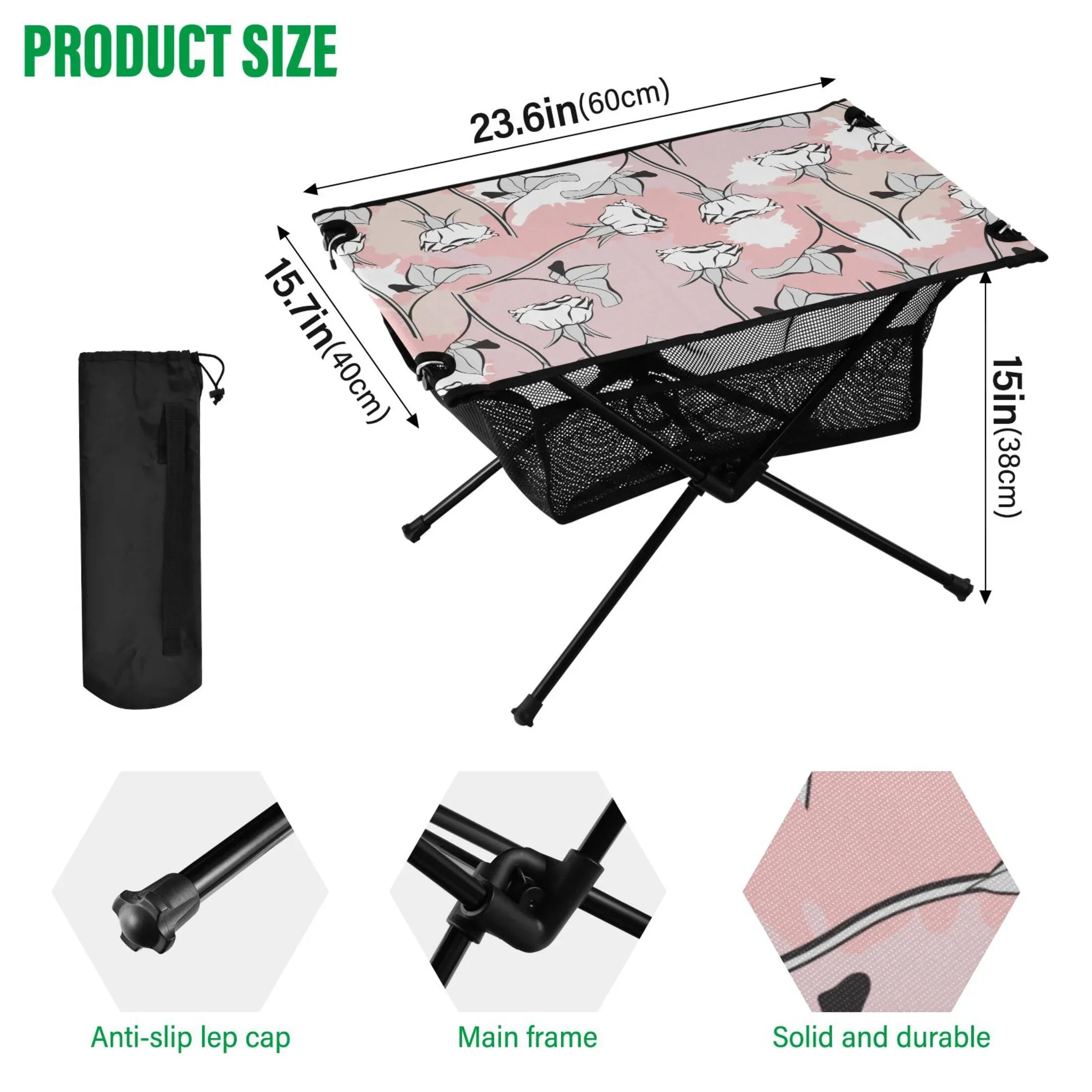 Abstract Roses Flowers Camping Folding Table Portable Beach Table with Storage Bag Compact Picnic Table for Outdoor Travel Fishing BBQ