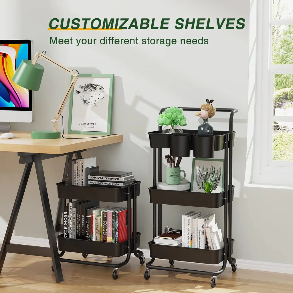 Annvchi  Utility Rolling Cart with Wheels3-Tier, Multi-Functional Storage Trolley, Storage Organizer Cart,  with Handle Multifunctional Storage Shelves for Kitchen Living Room Office Black