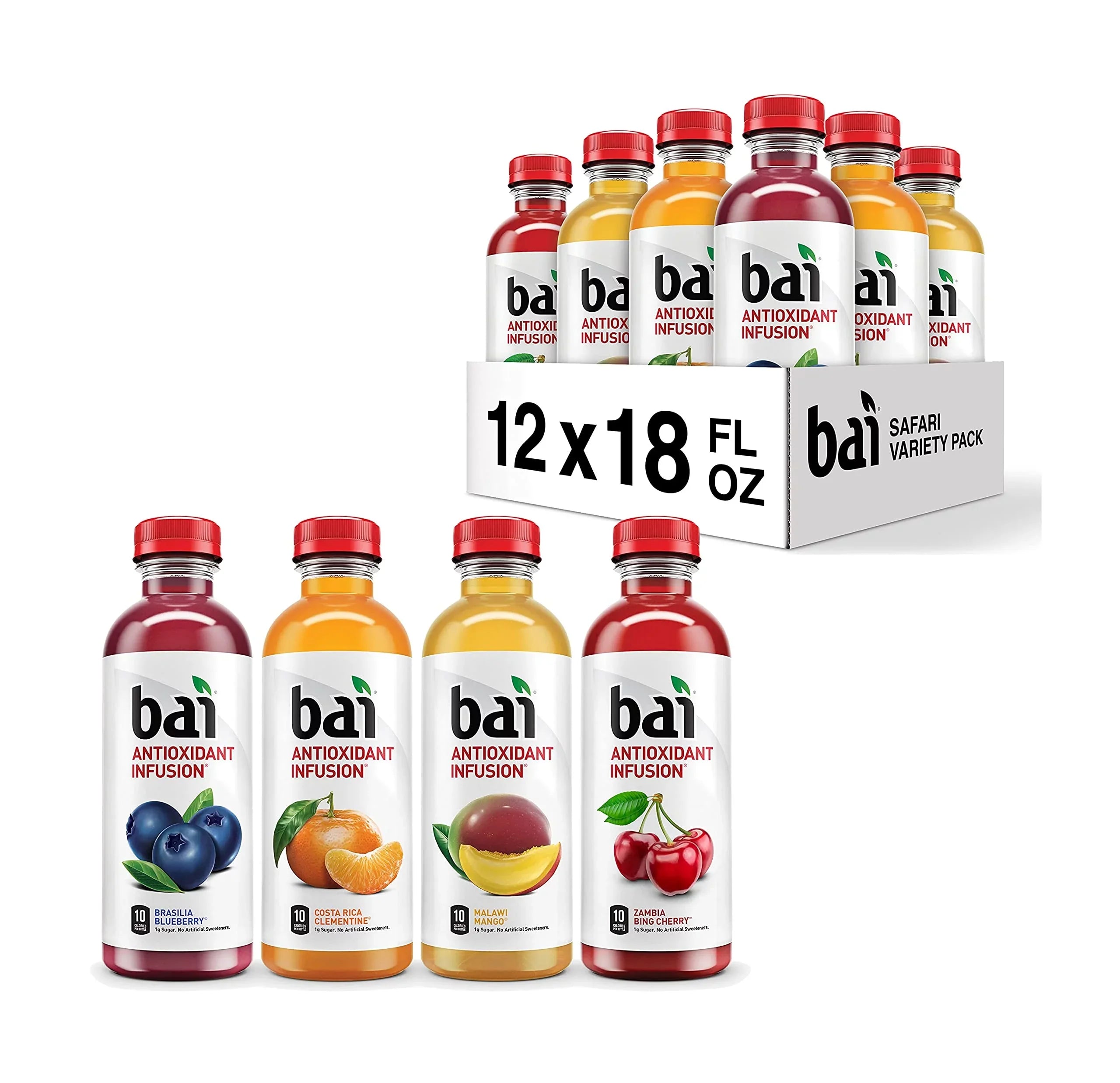 Bai Flavored Water, Safari Variety Pack, Antioxidant Infpre-owned Drinks, 3 Each of Brasilia Blueberry, Costa Rica Clementine, Malawi Mango, Zambia Bing Cherry,18 Fl Oz Bottles (Pack of 12)