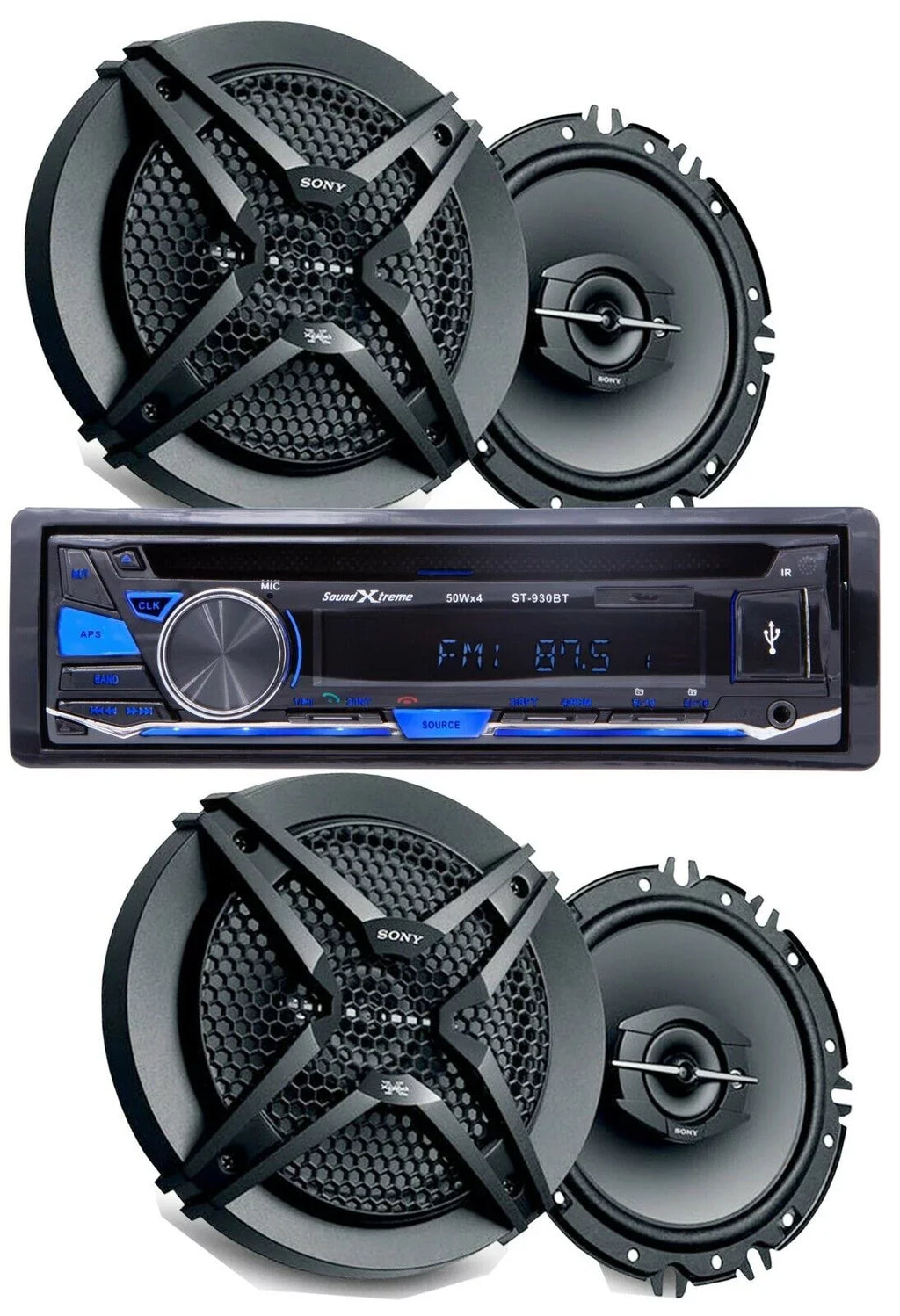 4x  6.5" Speakers + SoundXtreme 1-DIN CD AM FM USB SD Bluetooth Car Receiver Bundle