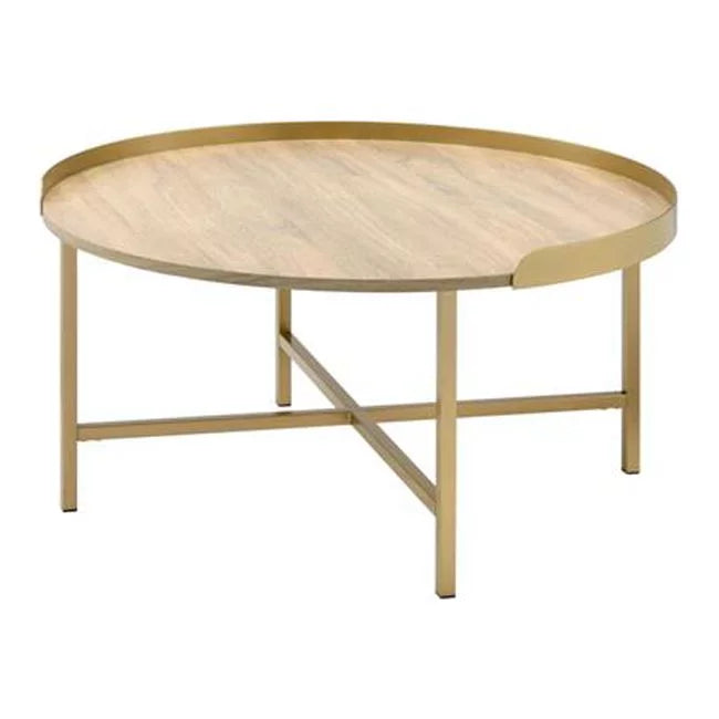 HomeRoots 490508 18 x 34 x 34 in. Gold & Oak Manufactured Wood & Metal Round Coffee Table