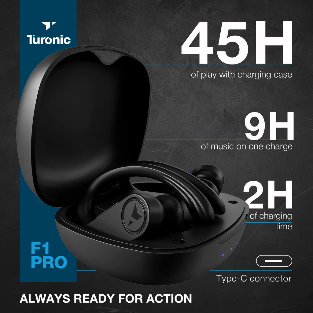 Turonic F1 Pro - True Wireless Earbuds - 45H Playtime, Charging case, Mic, IPX7 Waterproof Bluetooth Headphones w/Microphone - Sport Wireless Earphones with Earhook for Gym, Running, Workout - Black