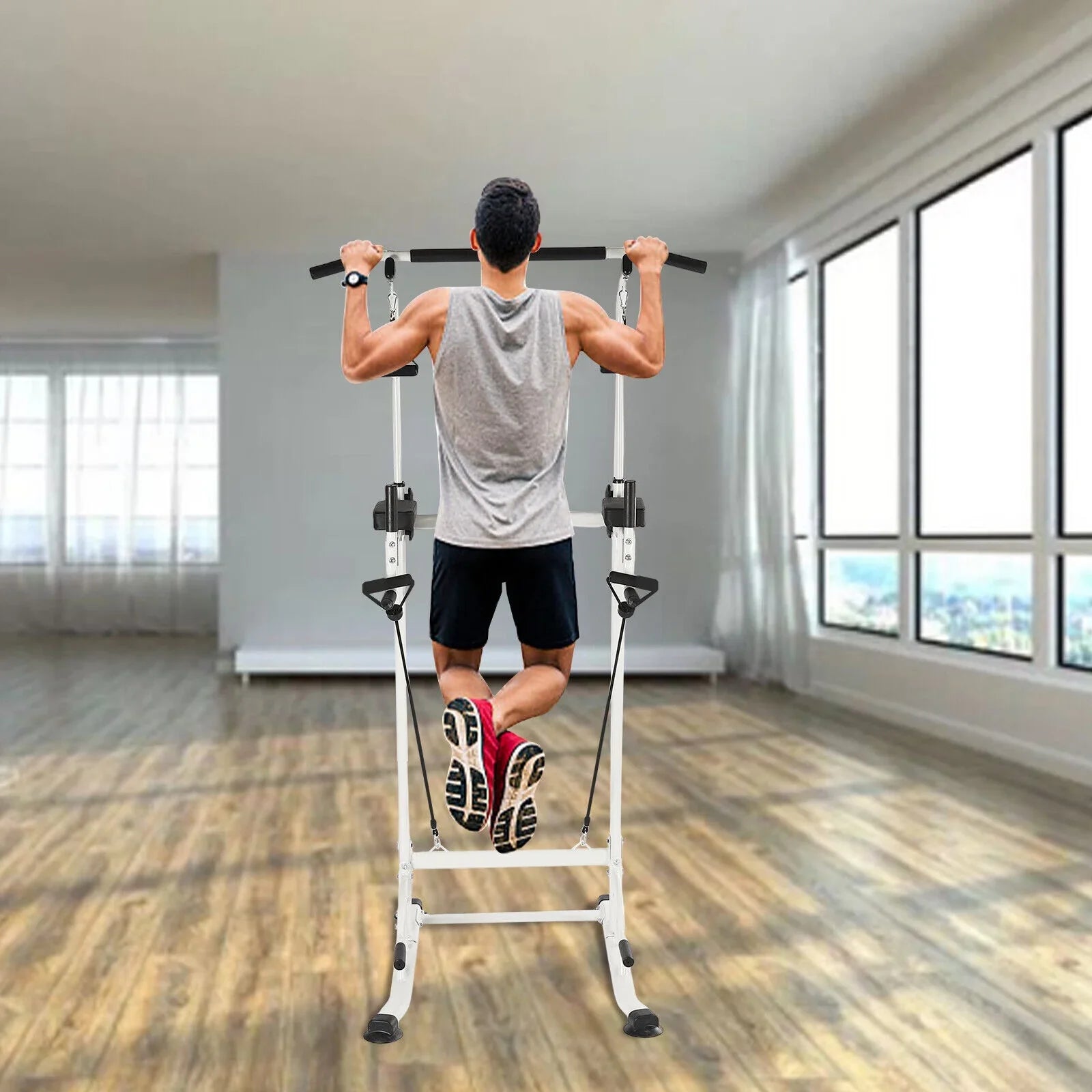 Home Gym Power Tower Dip Station Chin Up Bar Power Tower Pull Push Home Gym Black Adjustable Height