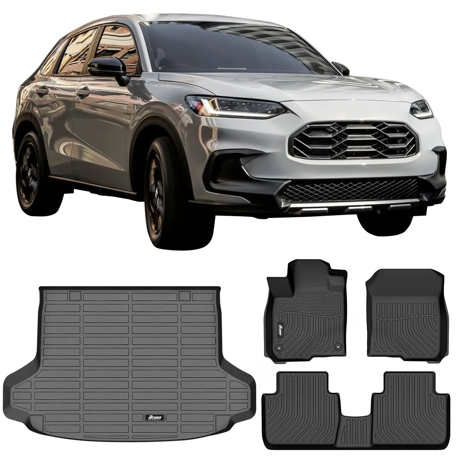 Ikon Motorsports Floor Mats & Trunk Mat Compatible With 2023-2024 Honda HR-V, Black 3D Molded Carpets Liner 1st 2nd Row Front Rear Boot Tray Cover Protection Cargo Pad TPE All Weather Protector