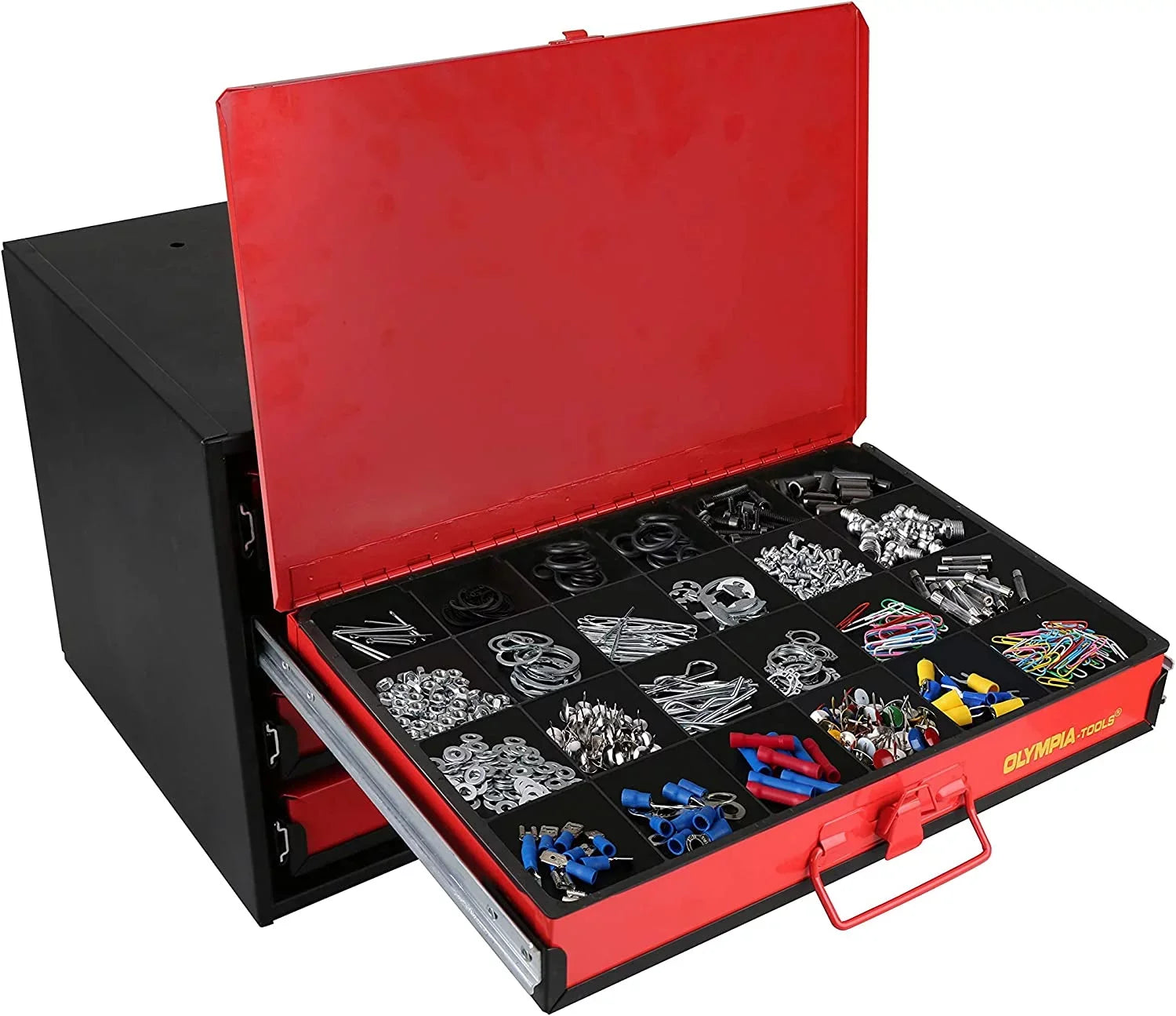 QCAI 90-806 4-Drawer Hardware Organizer includes 2500-pieces Small Hardware, black/red