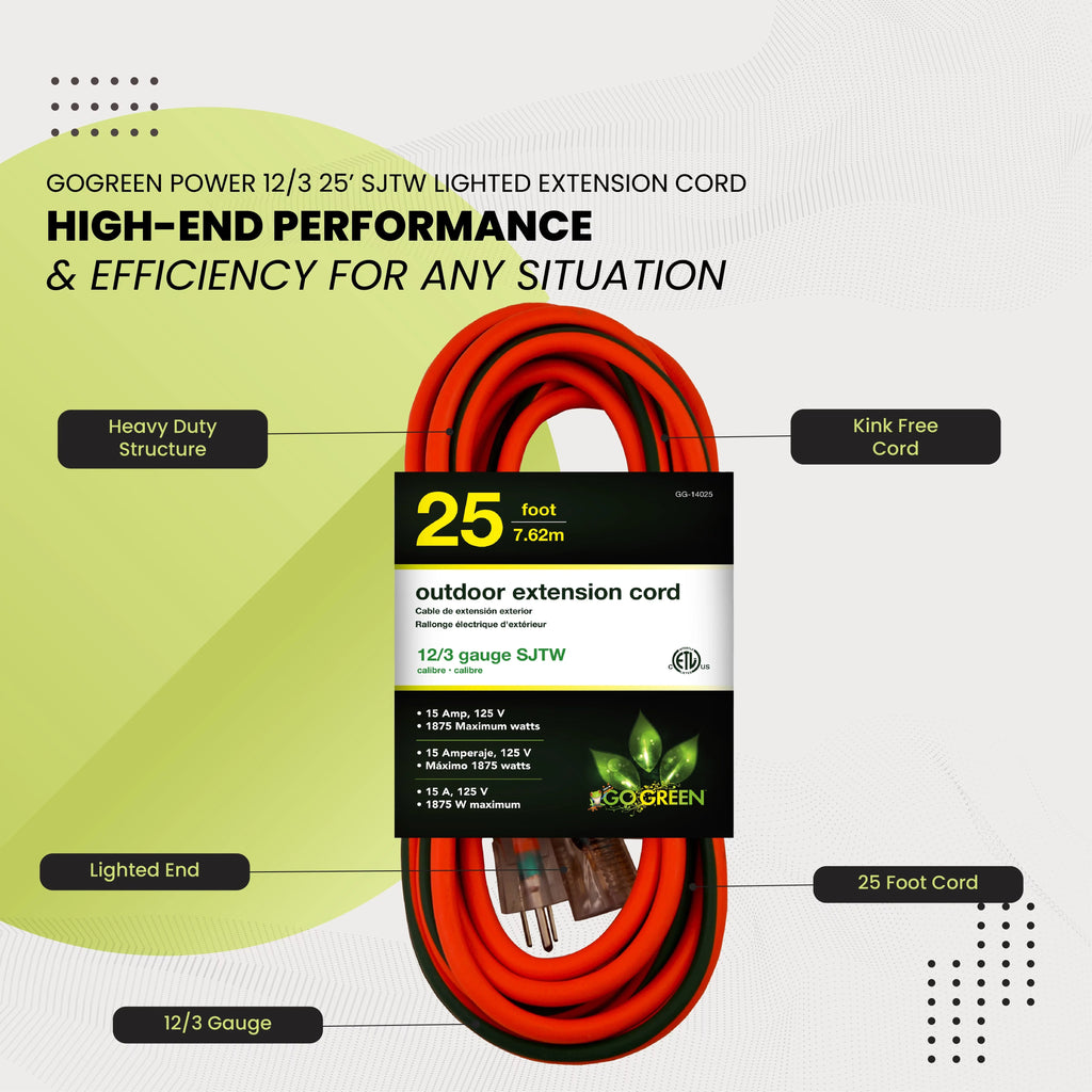 GoGreen Power (GG-14025) 12/3 25’ SJTW Outdoor Extension Cord, Lighted End, 25 Ft