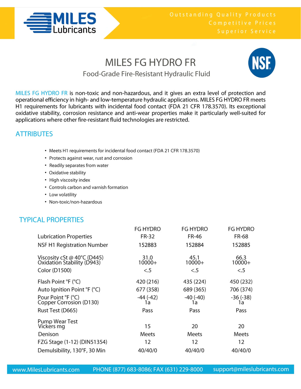 Miles Fg Hydro Fr ISO 46 Food Grade Fire Resistant Pao Based Hydraulic Fluid Nsf H1 Registered 41 Gallon Case
