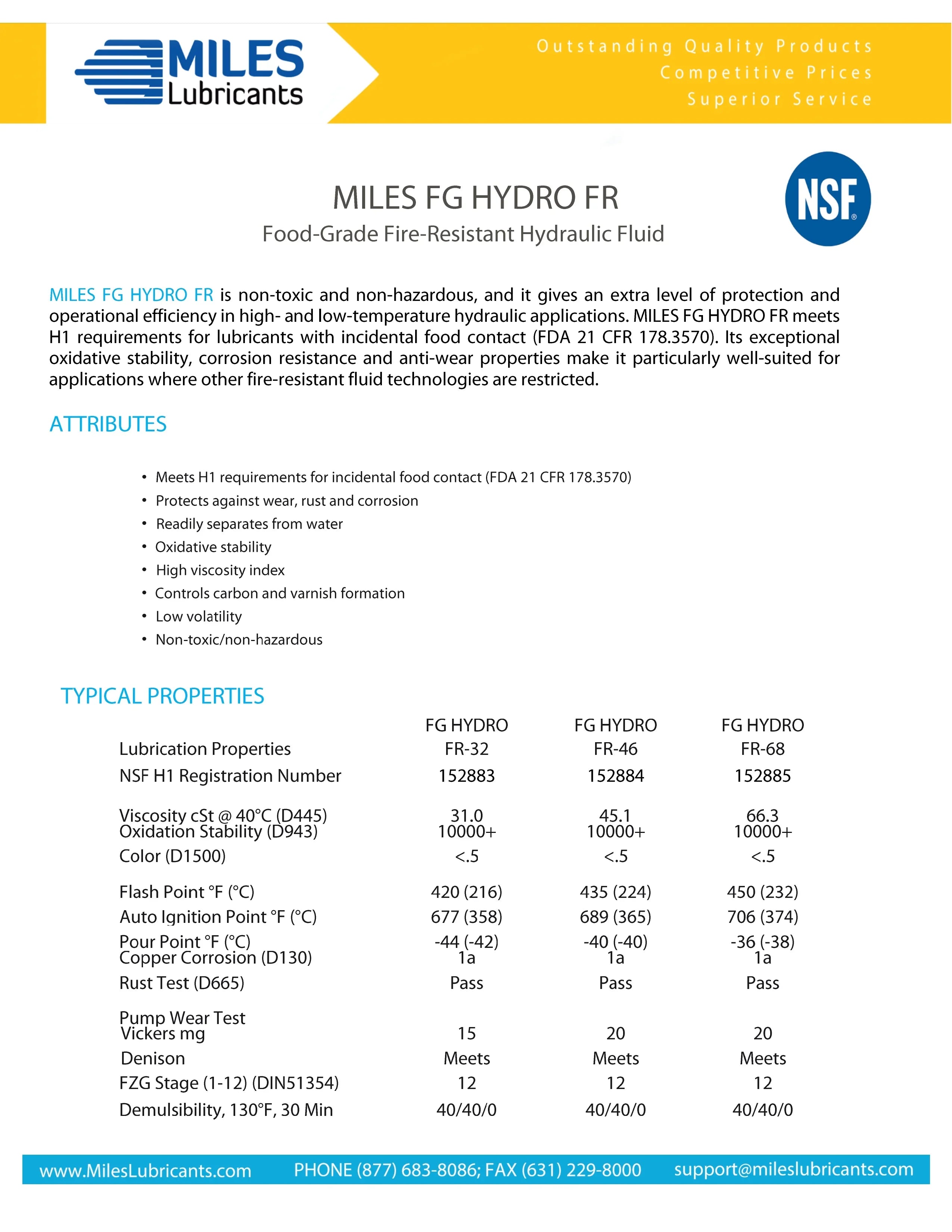 Miles Fg Hydro Fr ISO 46 Food Grade Fire Resistant Pao Based Hydraulic Fluid Nsf H1 Registered 41 Gallon Case
