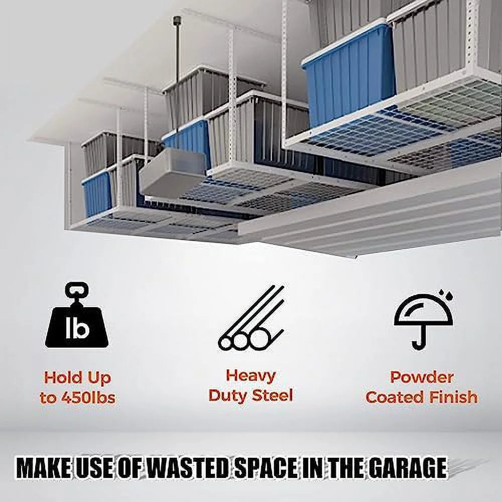 3X6 Overhead Garage Storage Rack Adjustable Ceiling Garage Organization Shelf Ceiling Mounted Storage Racks White