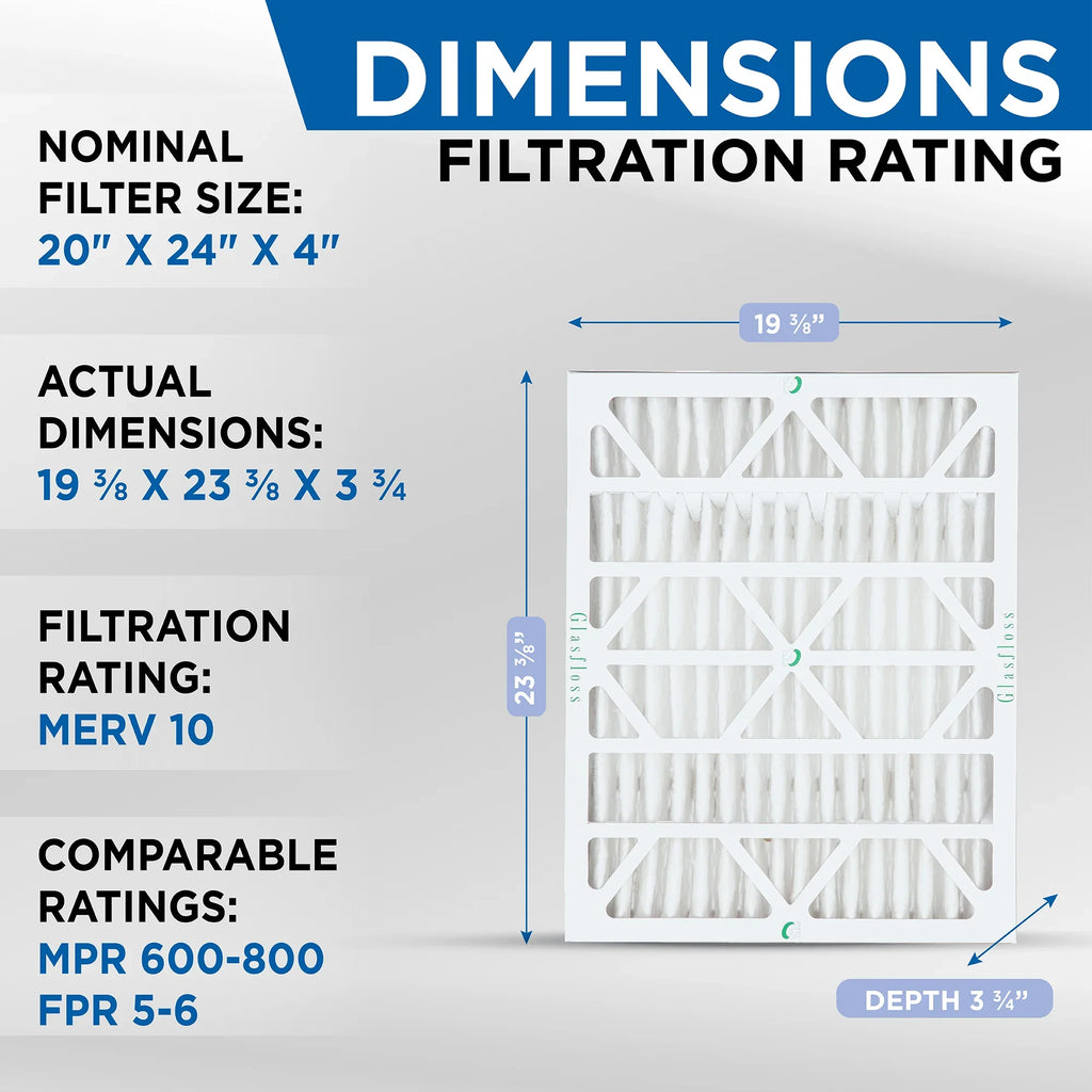 6 Pack of 20x24x4 MERV 10 Pleated 4" Inch Air Filters by Glasfloss. Actual Size: 19-3/8 x 23-3/8 x 3-3/4