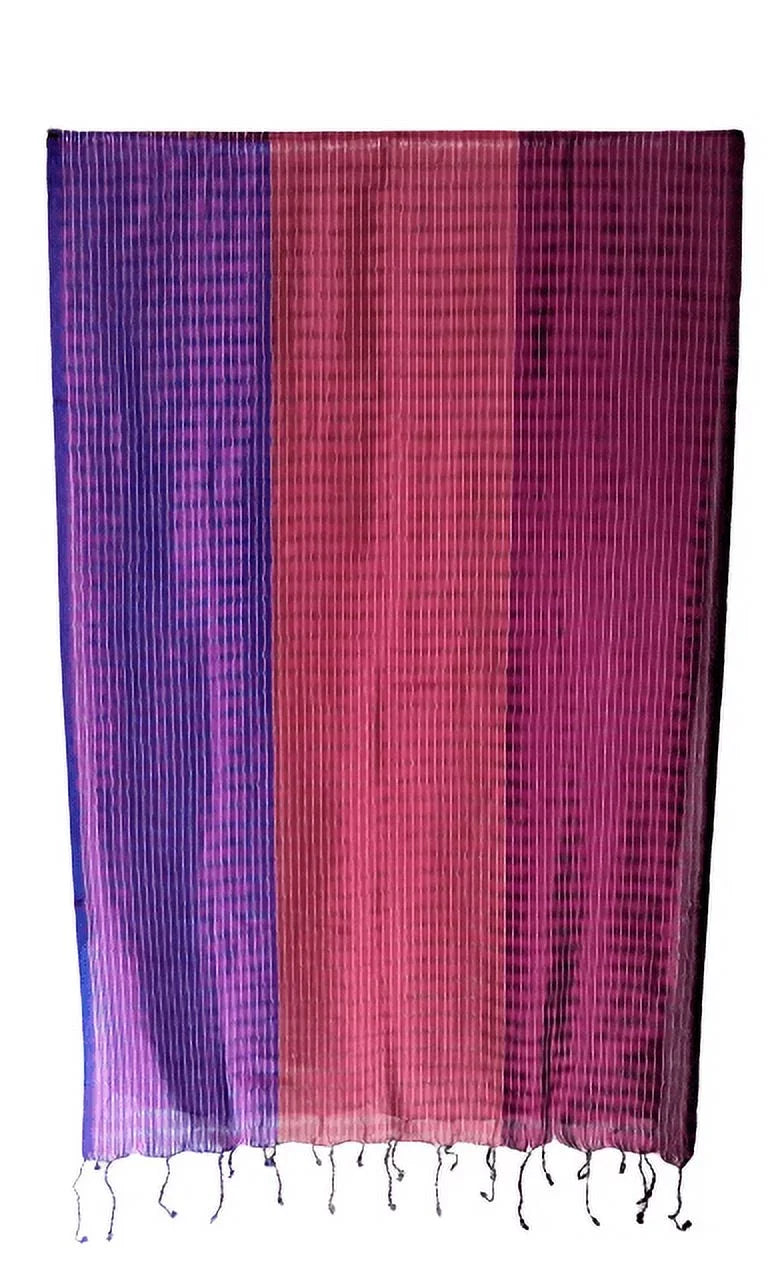 Tricolor Thick Striped Vegan Silk Shawl - Purple/Pink