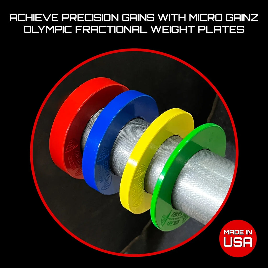 Micro Gainz Multi-Color Calibrated Fractional Weight PLatitudee Set of .25LB-.50LB-.75LB-1LB PLatitudees (8 PLatitudee Set) w/ Bag- For Olympic Barbells, Made in USA